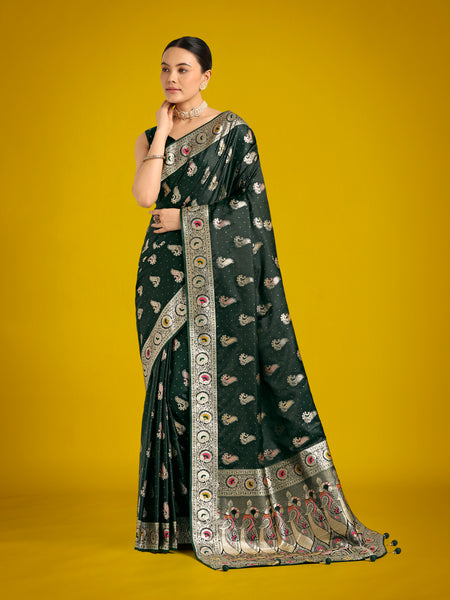 Monjolika Fashion Dark Green Color Festival Wear Banarasi Satin Silk Designer Zari Weaving Saree