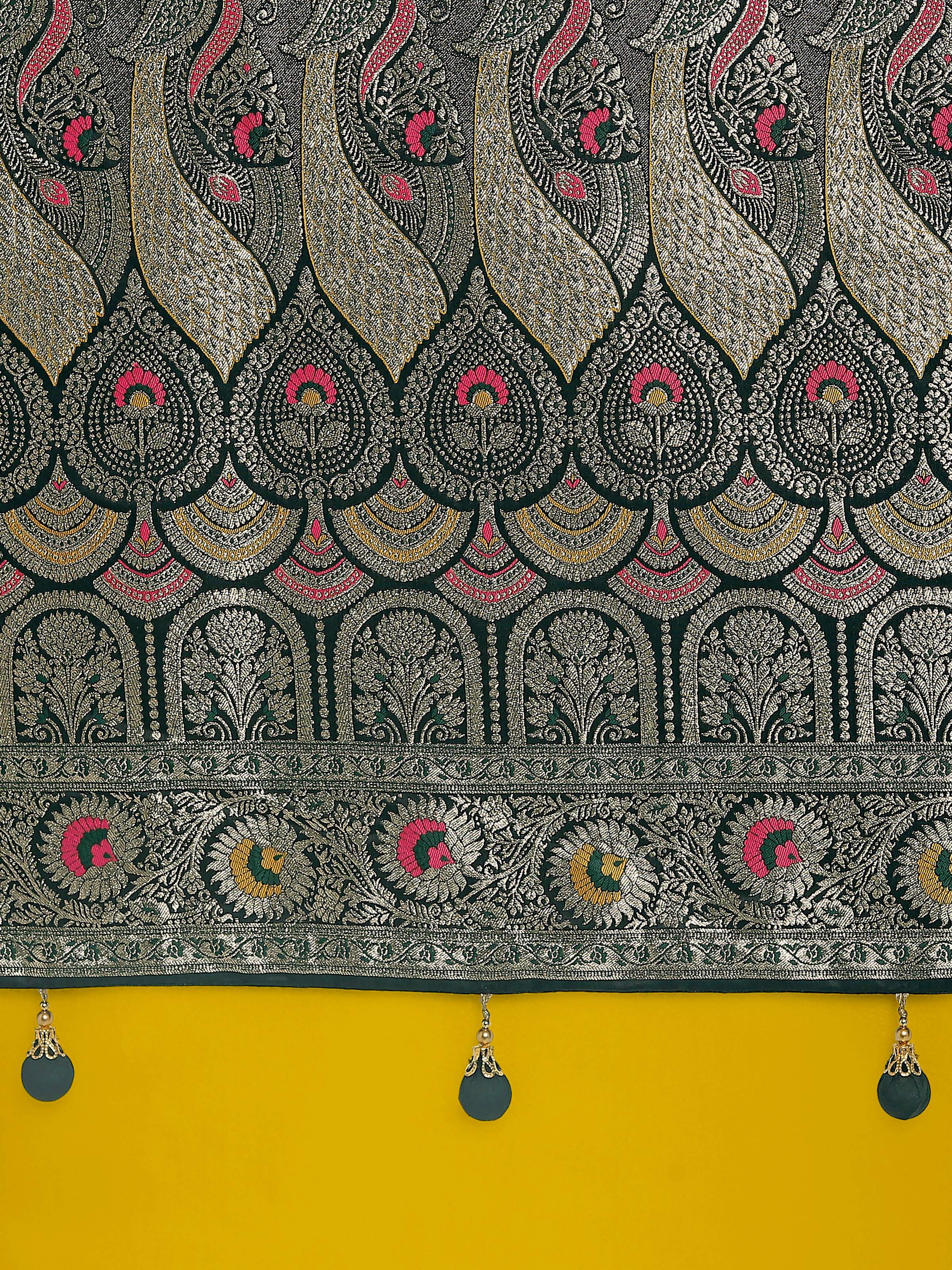 Monjolika Fashion Dark Green Color Festival Wear Banarasi Satin Silk Designer Zari Weaving Saree