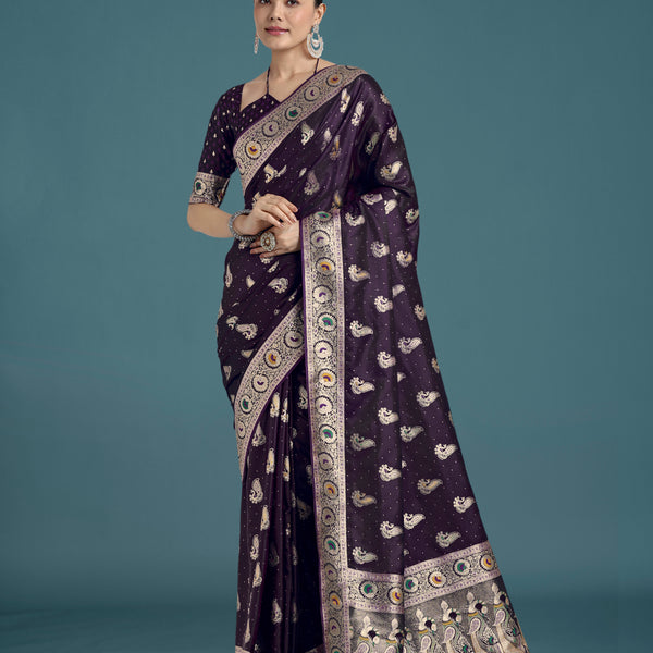 Monjolika Fashion Purple Color Festival Wear Banarasi Satin Silk Designer Zari Weaving Saree - Distacart