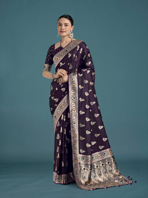Monjolika Fashion Purple Color Festival Wear Banarasi Satin Silk Designer Zari Weaving Saree