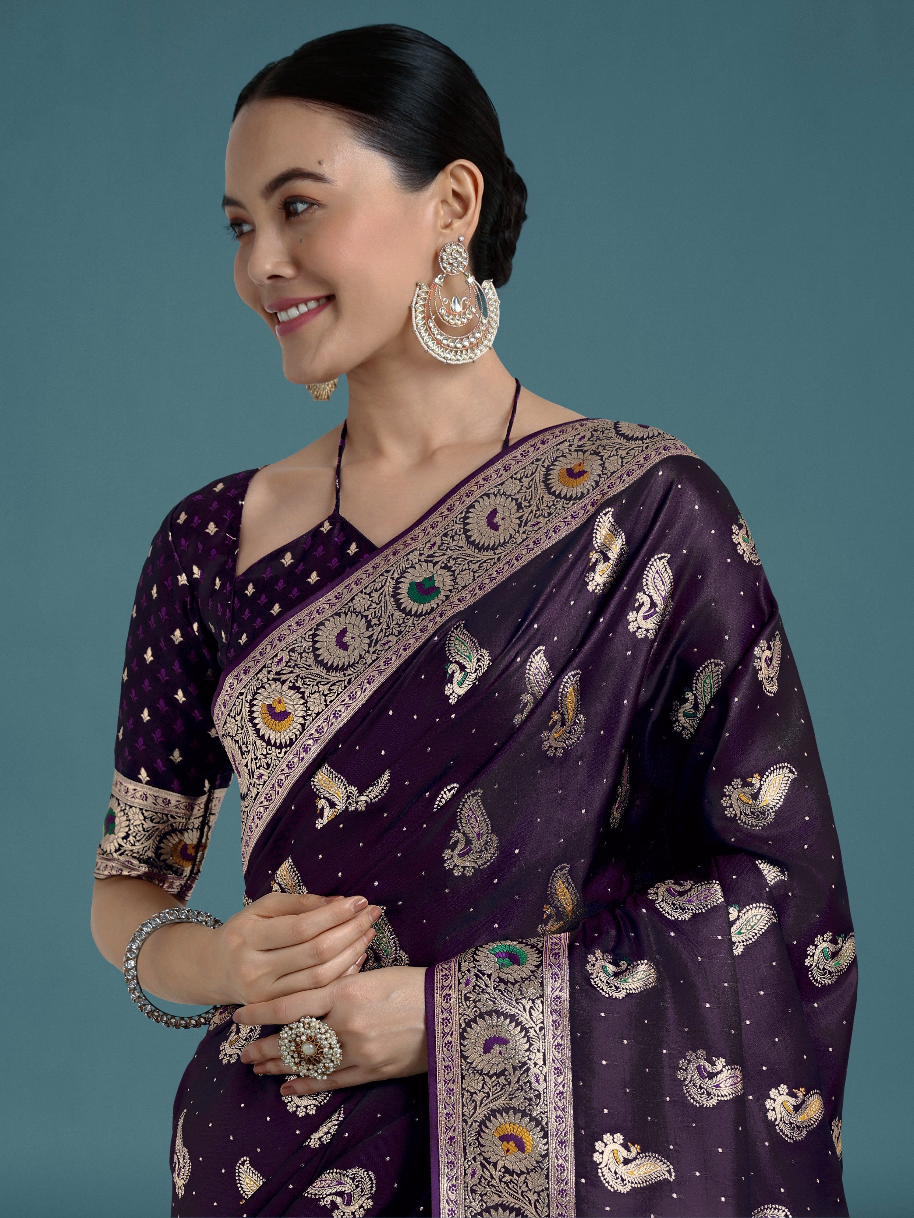 Monjolika Fashion Purple Color Festival Wear Banarasi Satin Silk Designer Zari Weaving Saree
