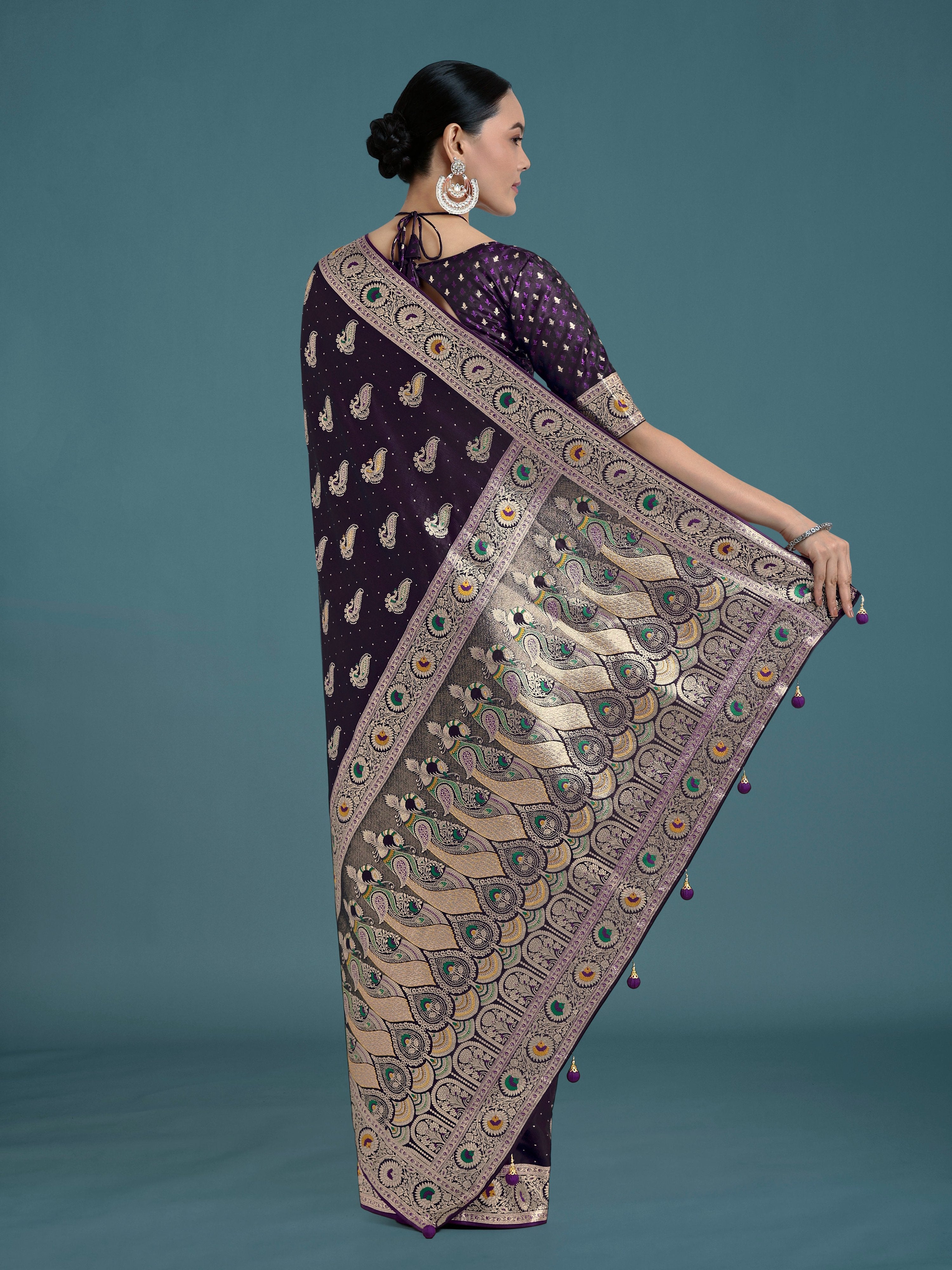Monjolika Fashion Purple Color Festival Wear Banarasi Satin Silk Designer Zari Weaving Saree