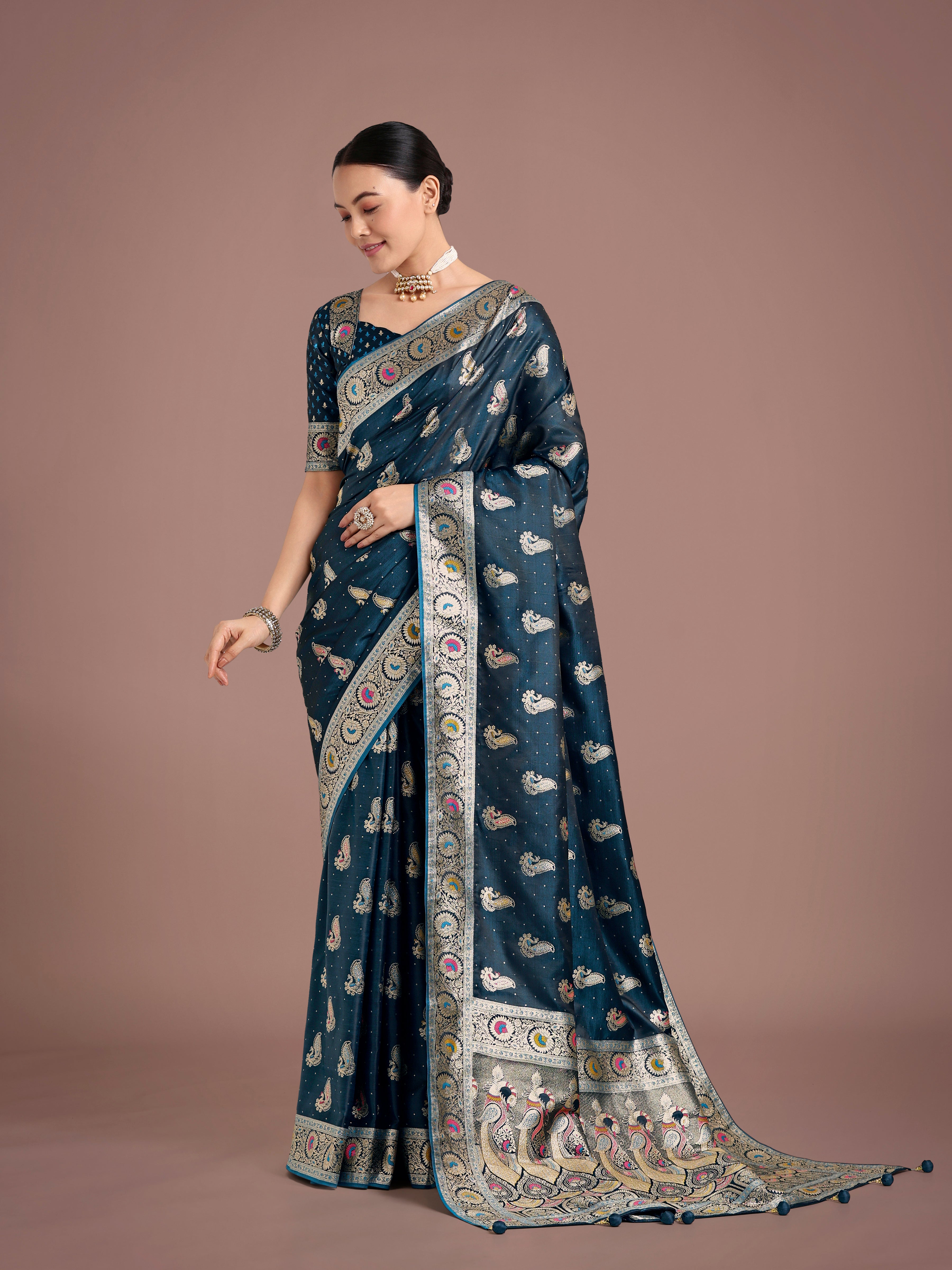 Monjolika Fashion Teal Color Festival Wear Banarasi Satin Silk Designer Zari Weaving Saree