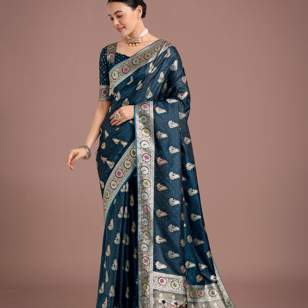 Monjolika Fashion Teal Color Festival Wear Banarasi Satin Silk Designer Zari Weaving Saree - Distacart