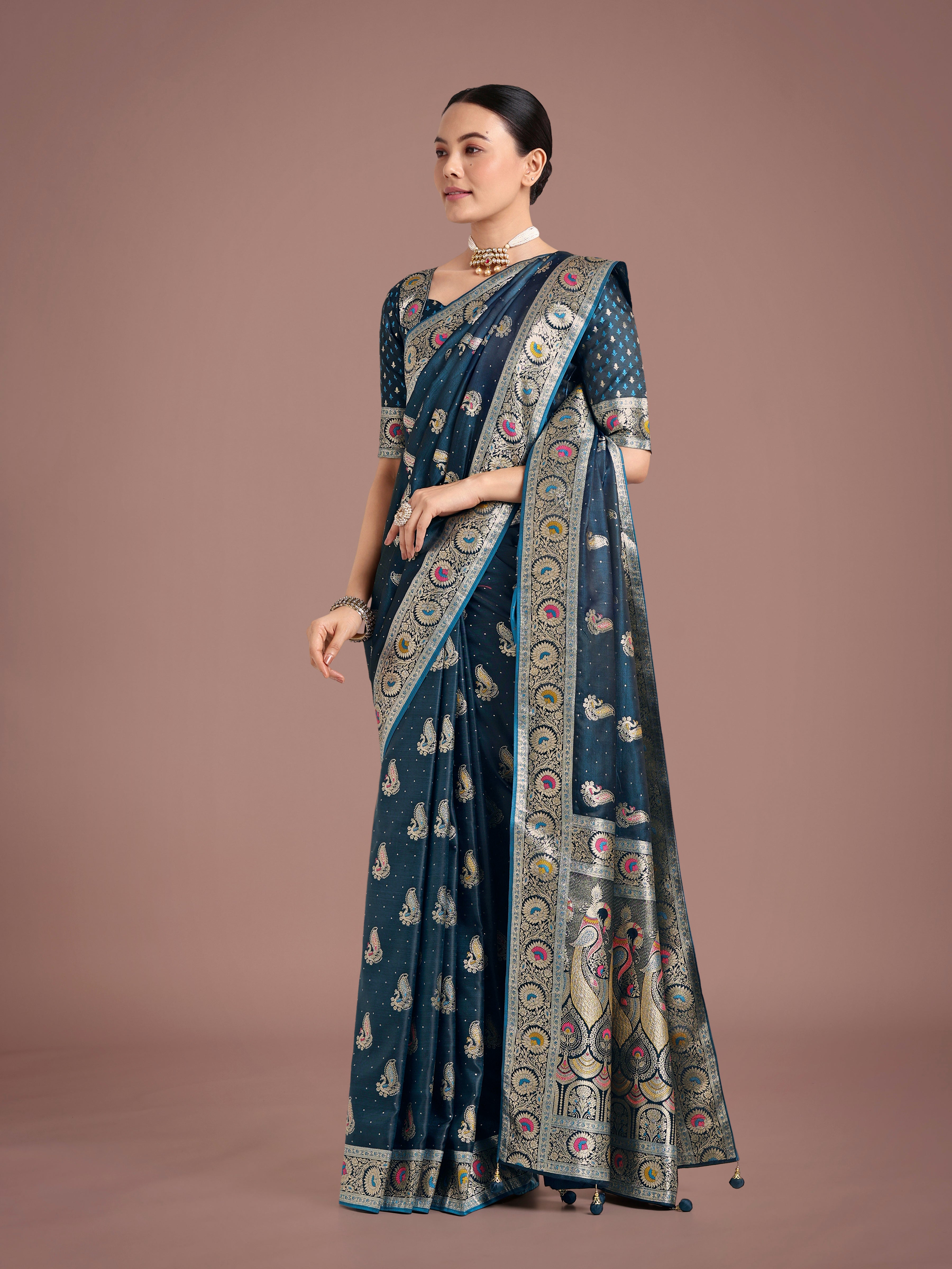 Monjolika Fashion Teal Color Festival Wear Banarasi Satin Silk Designer Zari Weaving Saree
