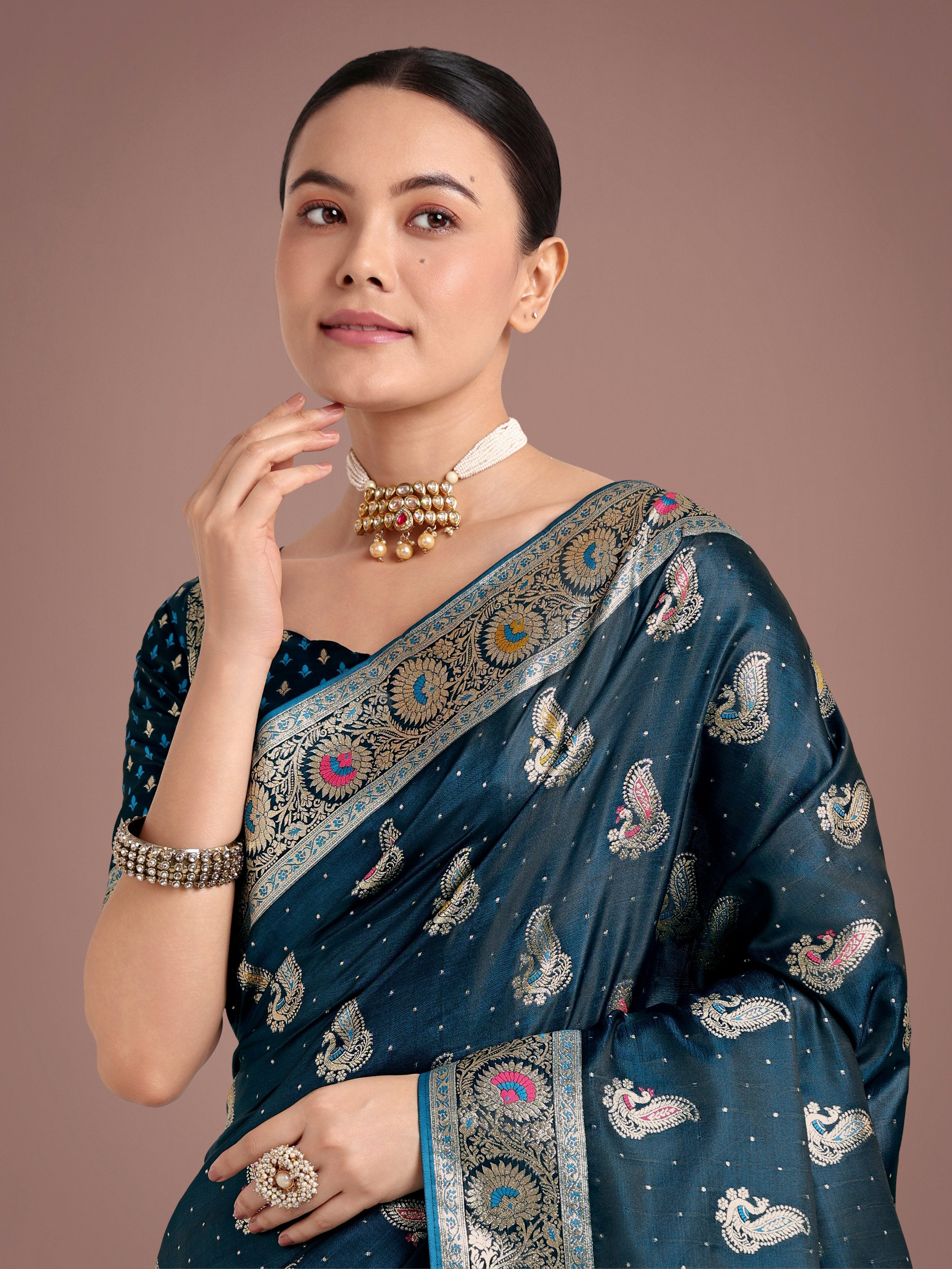 Monjolika Fashion Teal Color Festival Wear Banarasi Satin Silk Designer Zari Weaving Saree