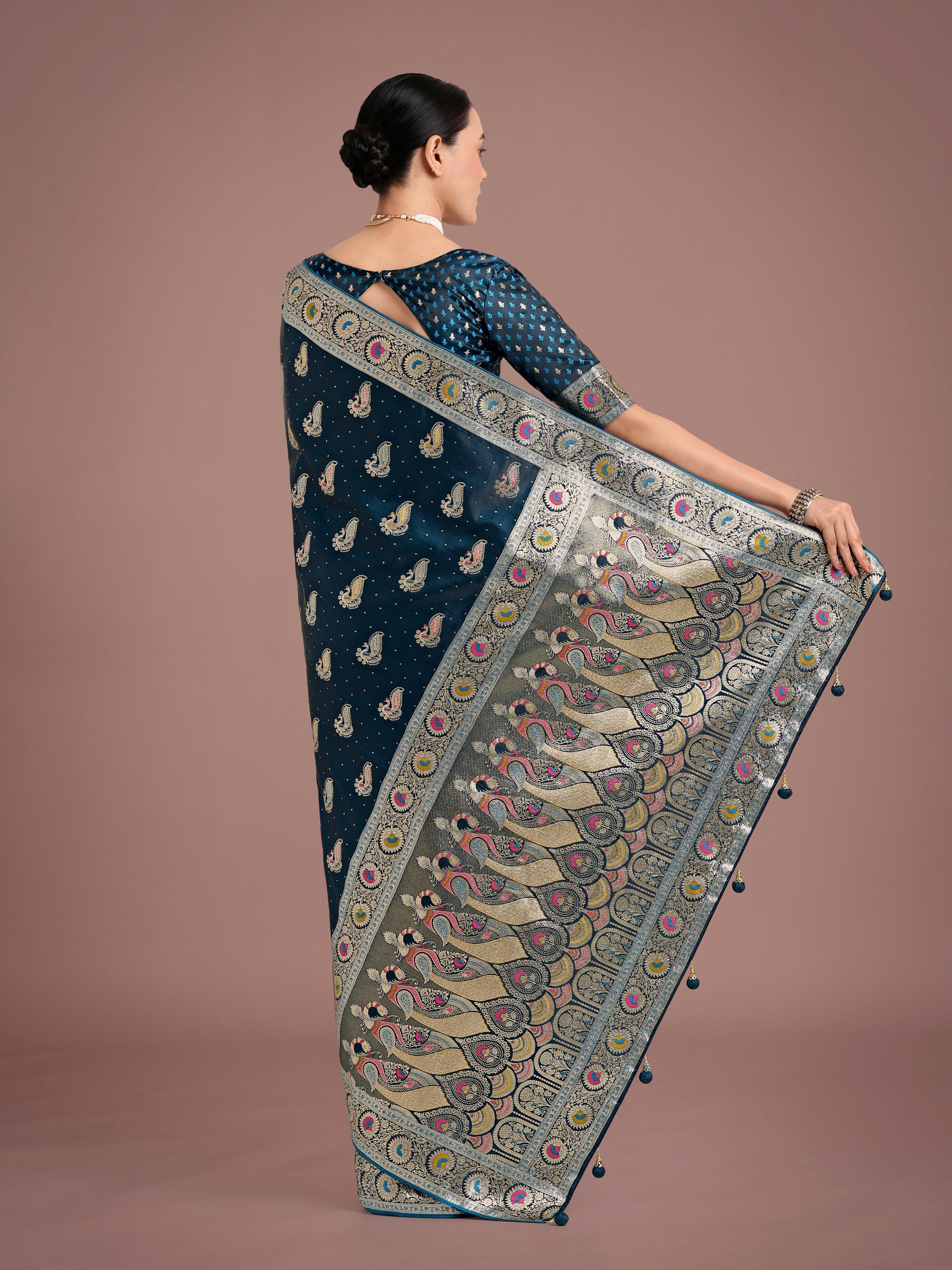 Monjolika Fashion Teal Color Festival Wear Banarasi Satin Silk Designer Zari Weaving Saree