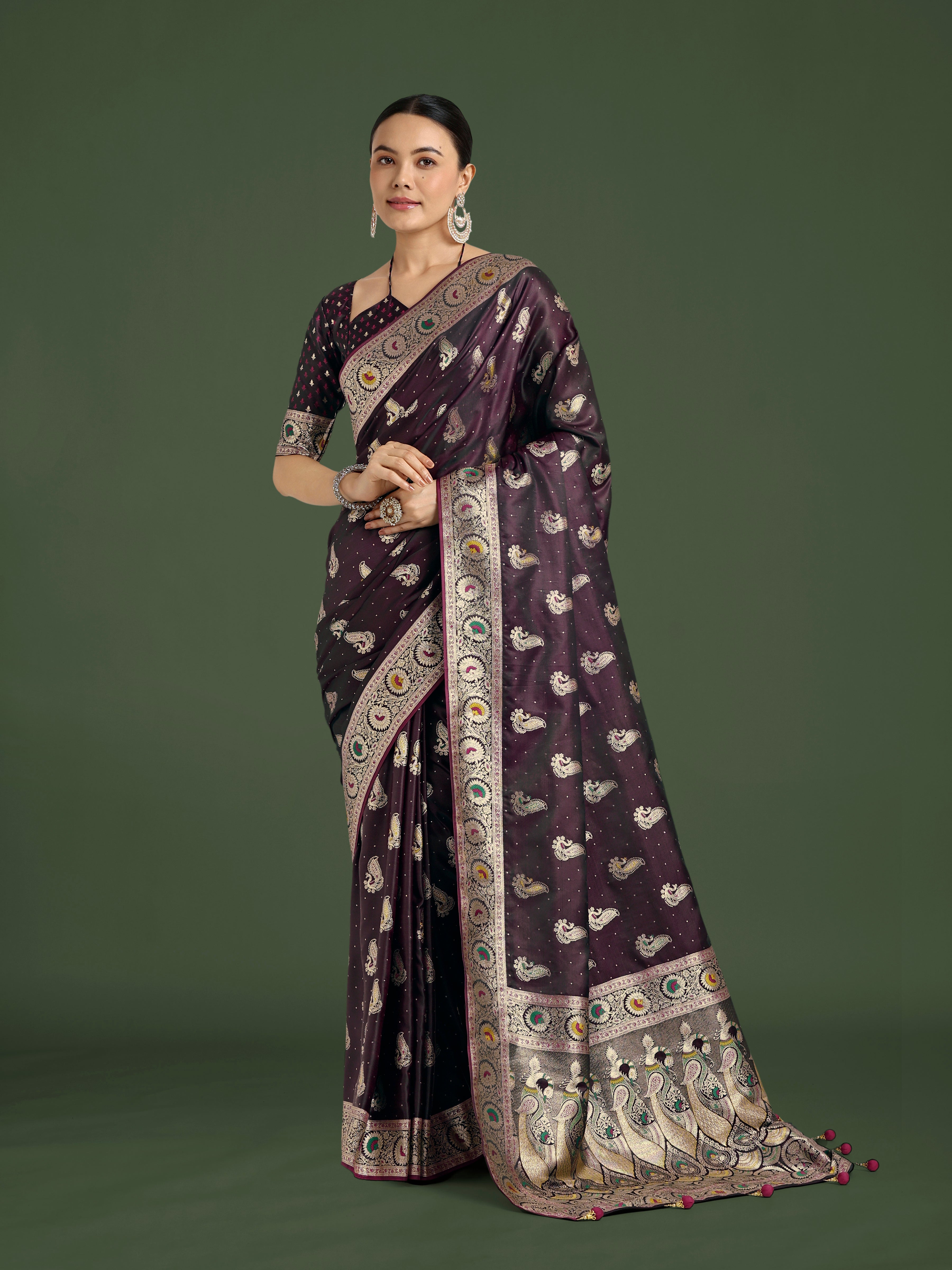 Monjolika Fashion Wine Color Festival Wear Banarasi Satin Silk Designer Zari Weaving Saree