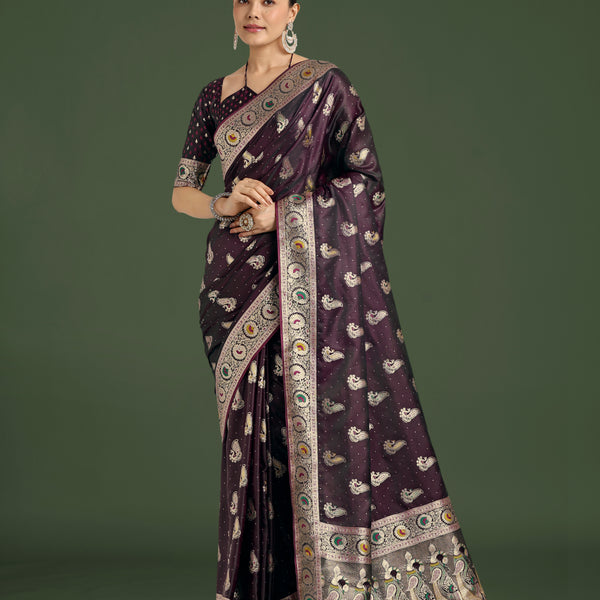 Monjolika Fashion Wine Color Festival Wear Banarasi Satin Silk Designer Zari Weaving Saree - Distacart