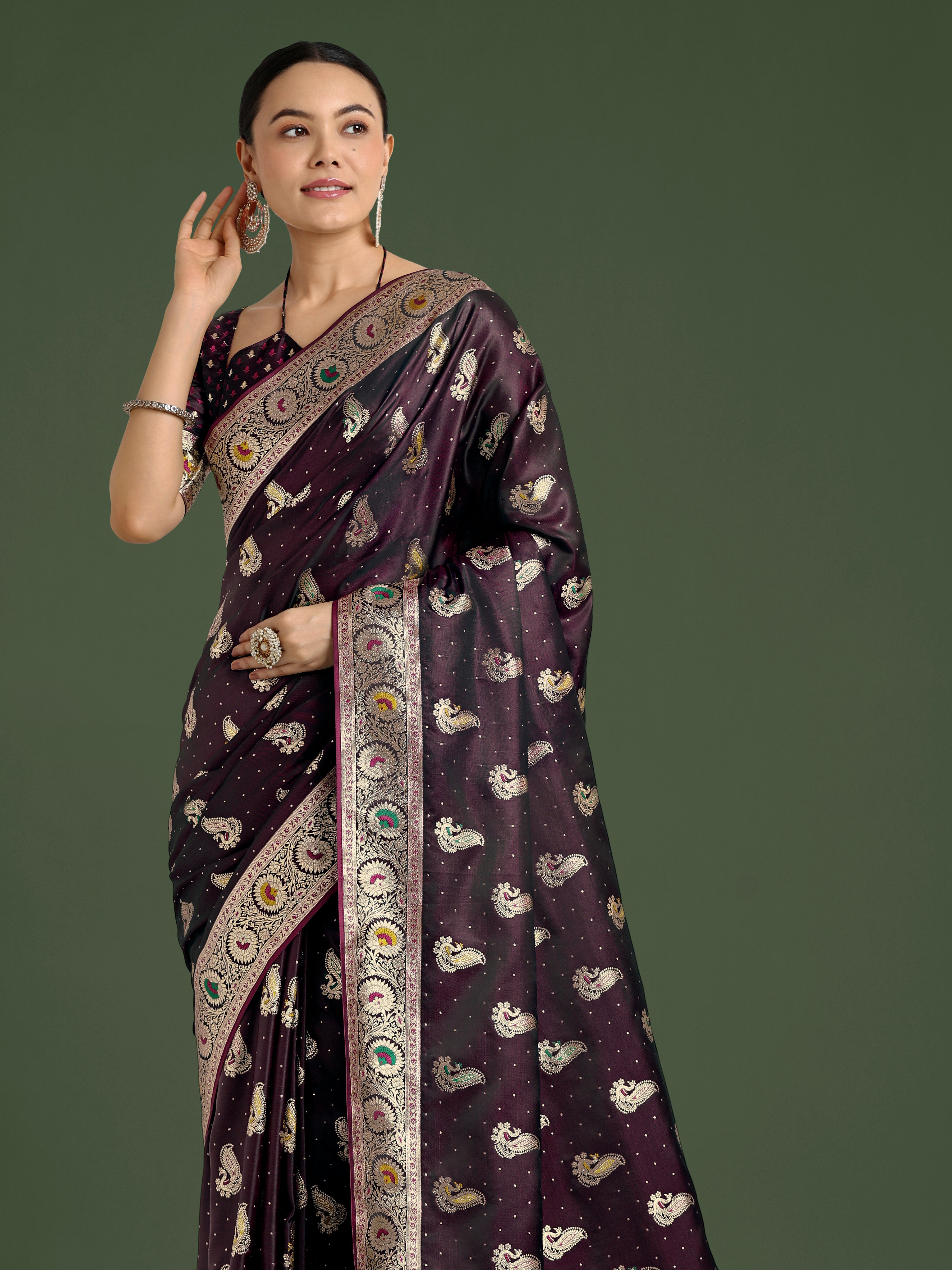Monjolika Fashion Wine Color Festival Wear Banarasi Satin Silk Designer Zari Weaving Saree