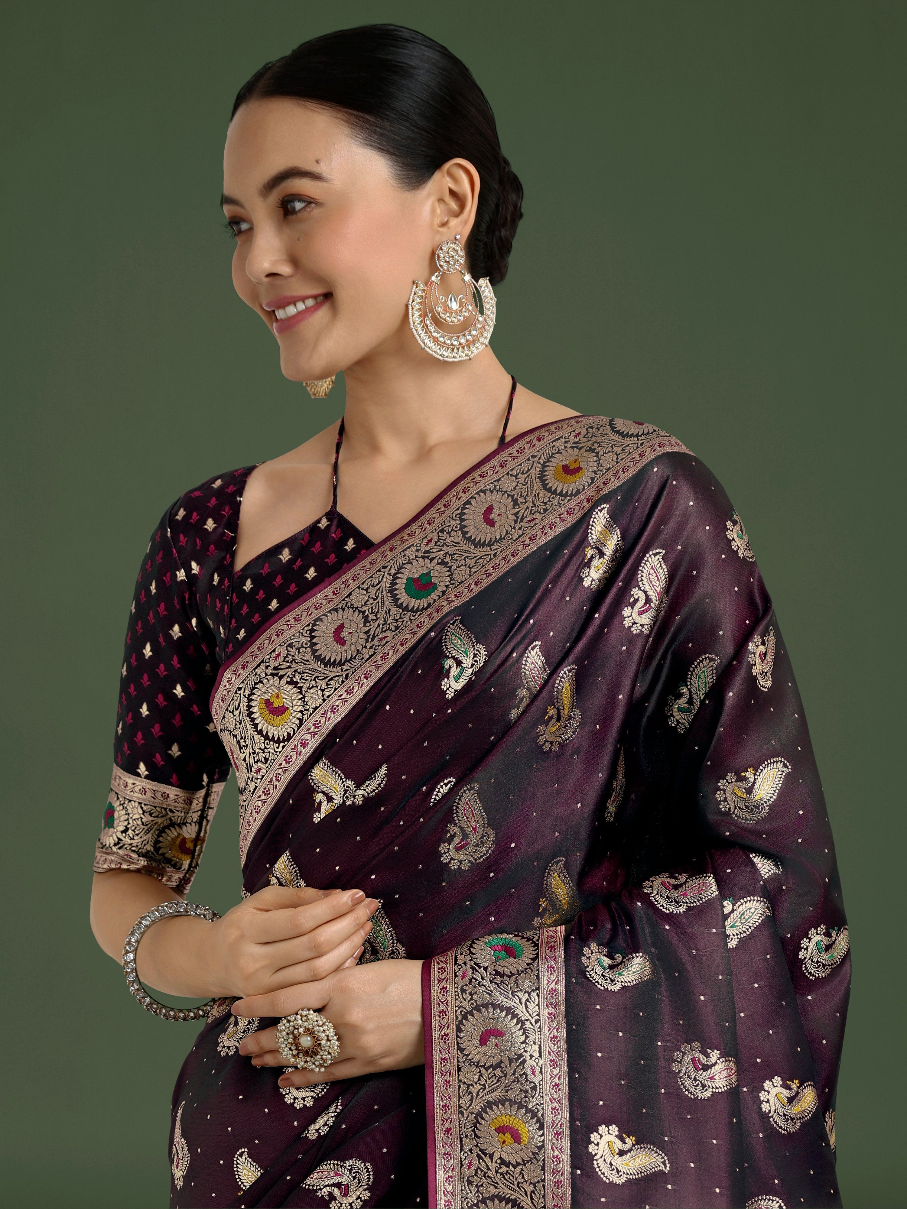 Monjolika Fashion Wine Color Festival Wear Banarasi Satin Silk Designer Zari Weaving Saree