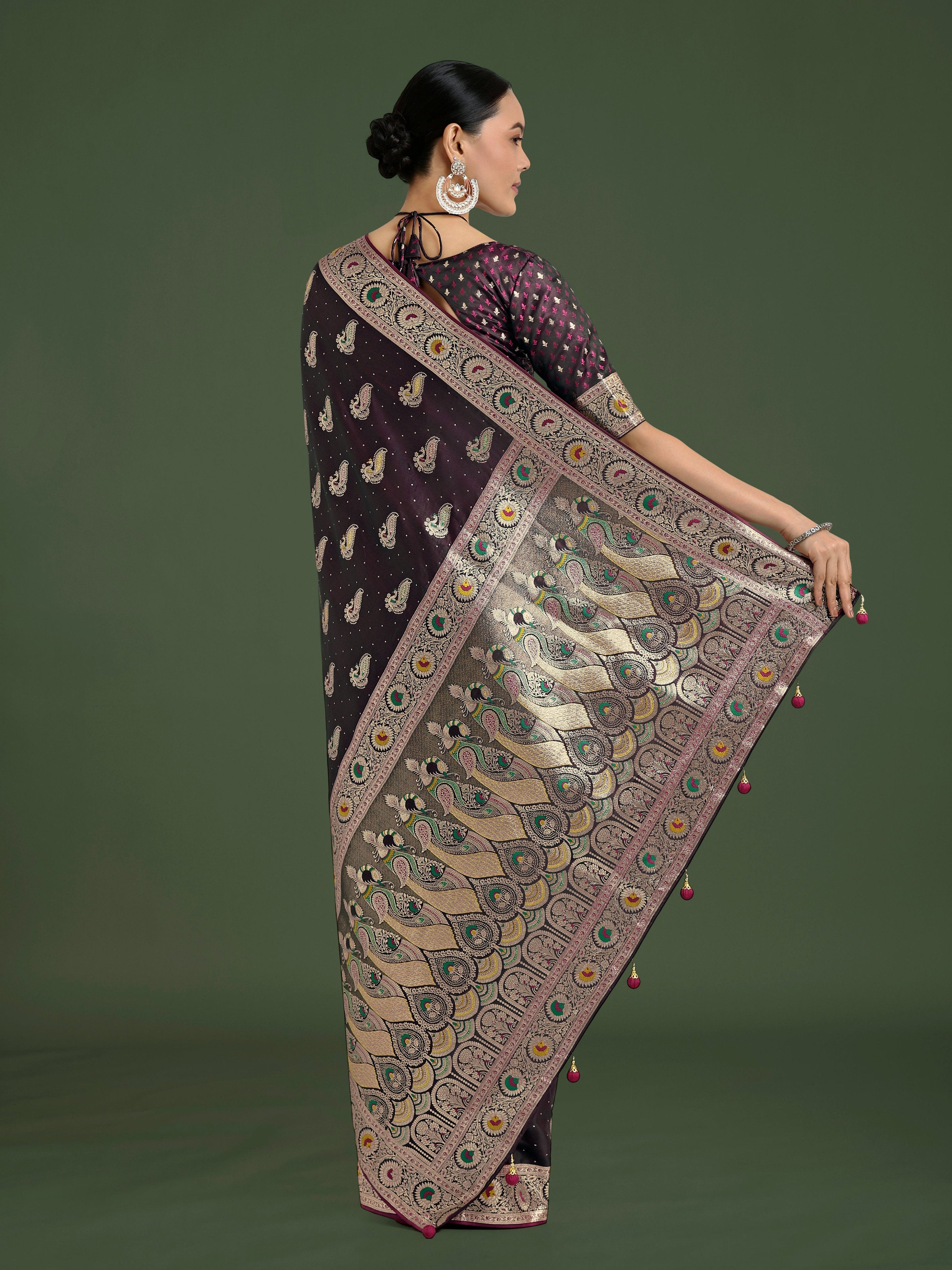 Monjolika Fashion Wine Color Festival Wear Banarasi Satin Silk Designer Zari Weaving Saree