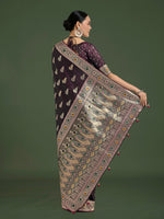 Thumbnail for Monjolika Fashion Wine Color Festival Wear Banarasi Satin Silk Designer Zari Weaving Saree