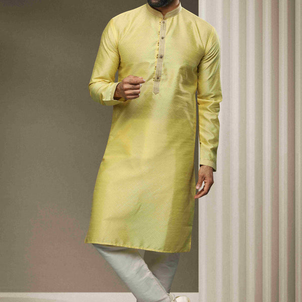 Raivat Ethnic Jacquard Silk Brocade Pintux Work Kurta Pajama In Lemon Cream Colour - Distacart