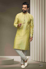Thumbnail for Raivat Ethnic Jacquard Silk Brocade Pintux Work Kurta Pajama In Lemon Cream Colour - Distacart