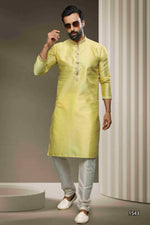 Thumbnail for Raivat Ethnic Jacquard Silk Brocade Pintux Work Kurta Pajama In Lemon Cream Colour - Distacart