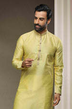 Thumbnail for Raivat Ethnic Jacquard Silk Brocade Pintux Work Kurta Pajama In Lemon Cream Colour - Distacart