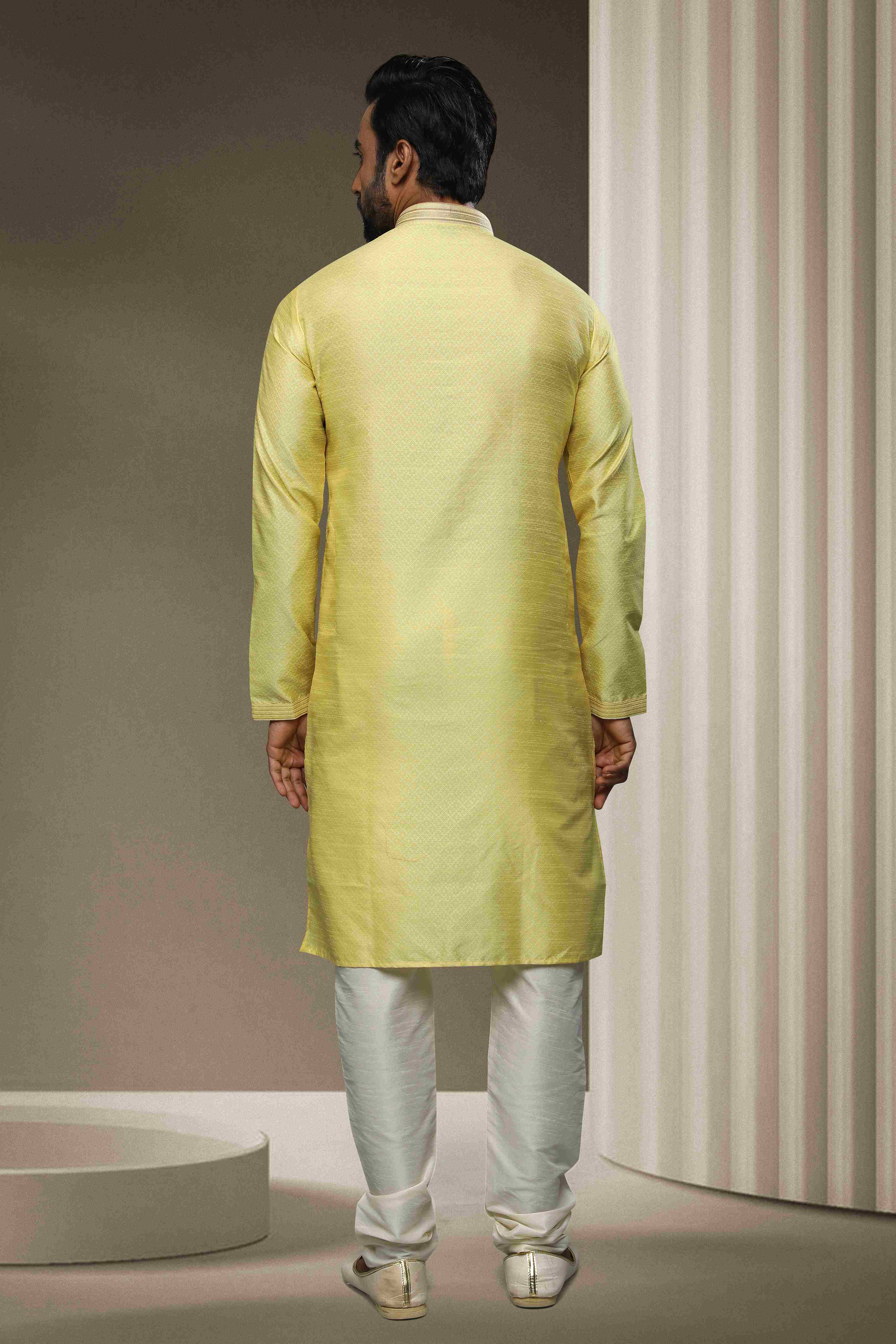 Raivat Ethnic Jacquard Silk Brocade Pintux Work Kurta Pajama In Lemon Cream Colour - Distacart