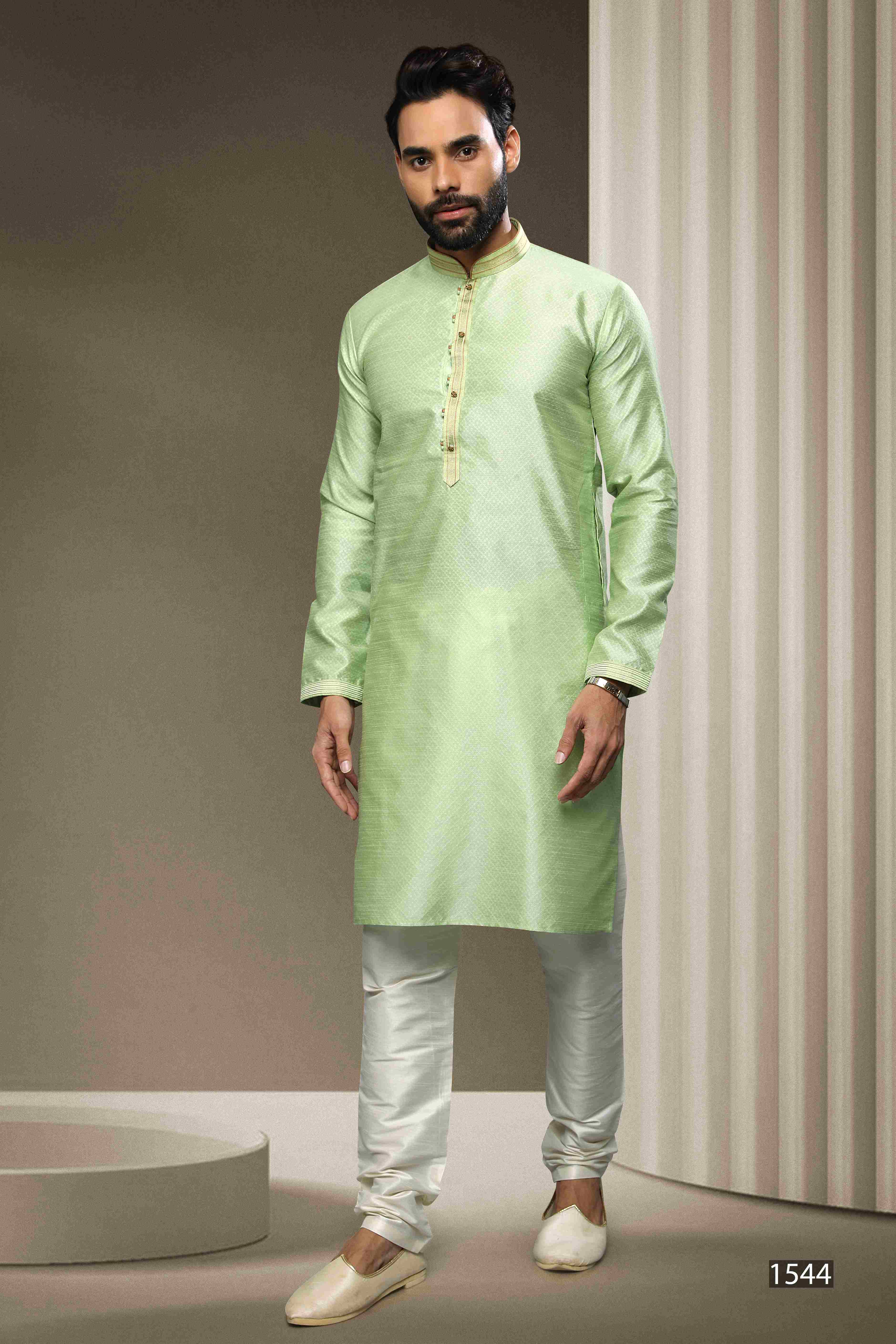 Raivat Ethnic Jacquard Silk Brocade Pintux Work Kurta Pajama In Pista Green Colour