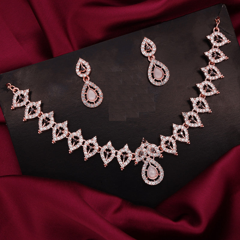 Tehzeeb Creations Shimmering Rose Gold Polished Ad Studded Necklace Jewellery Set With Matching Earrings For Women And Girls - Distacart