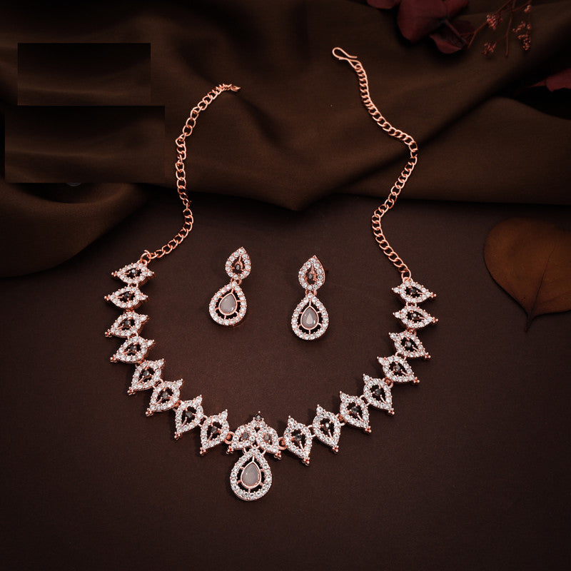 Tehzeeb Creations Shimmering Rose Gold Polished Ad Studded Necklace Jewellery Set With Matching Earrings For Women And Girls - Distacart