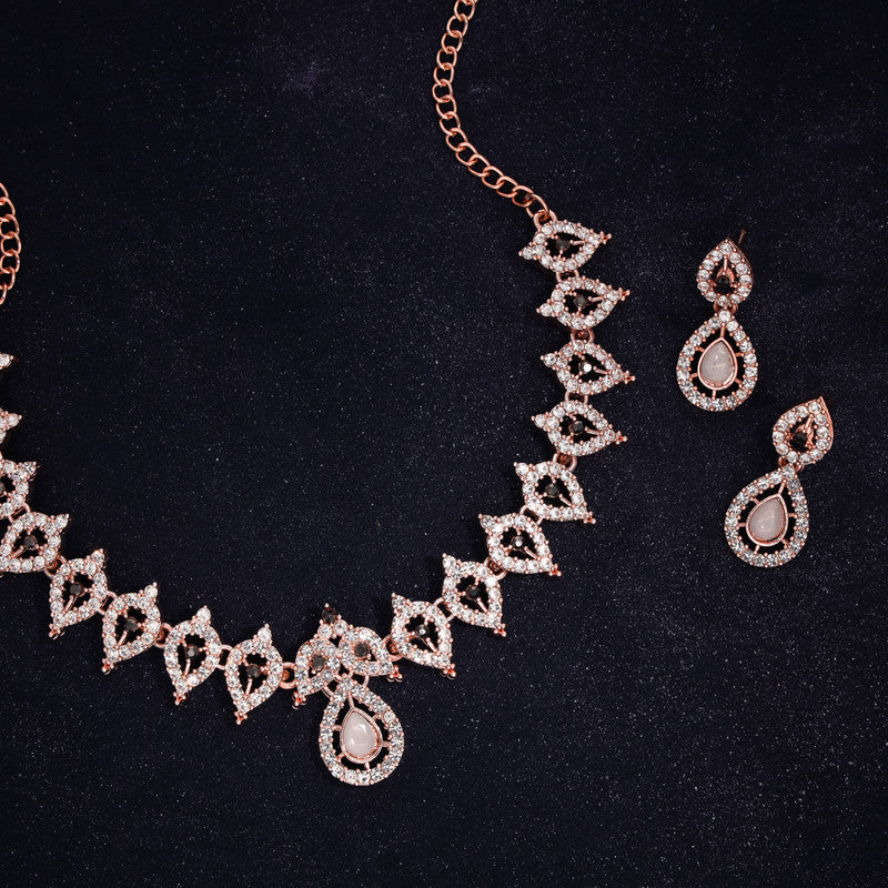 Tehzeeb Creations Shimmering Rose Gold Polished Ad Studded Necklace Jewellery Set With Matching Earrings For Women And Girls - Distacart