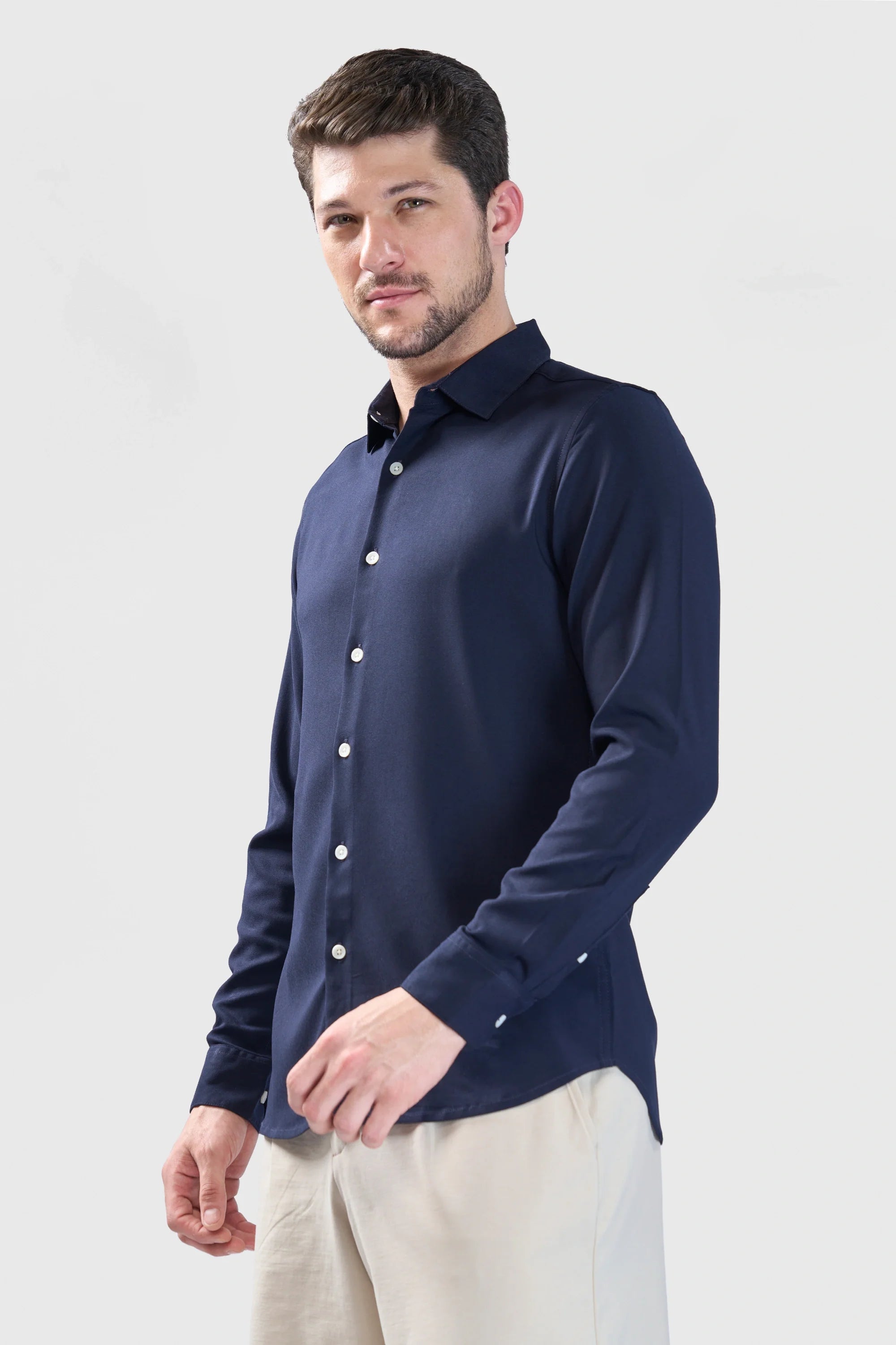 Xkind Navy Blue Plain Slim Fit Shirt