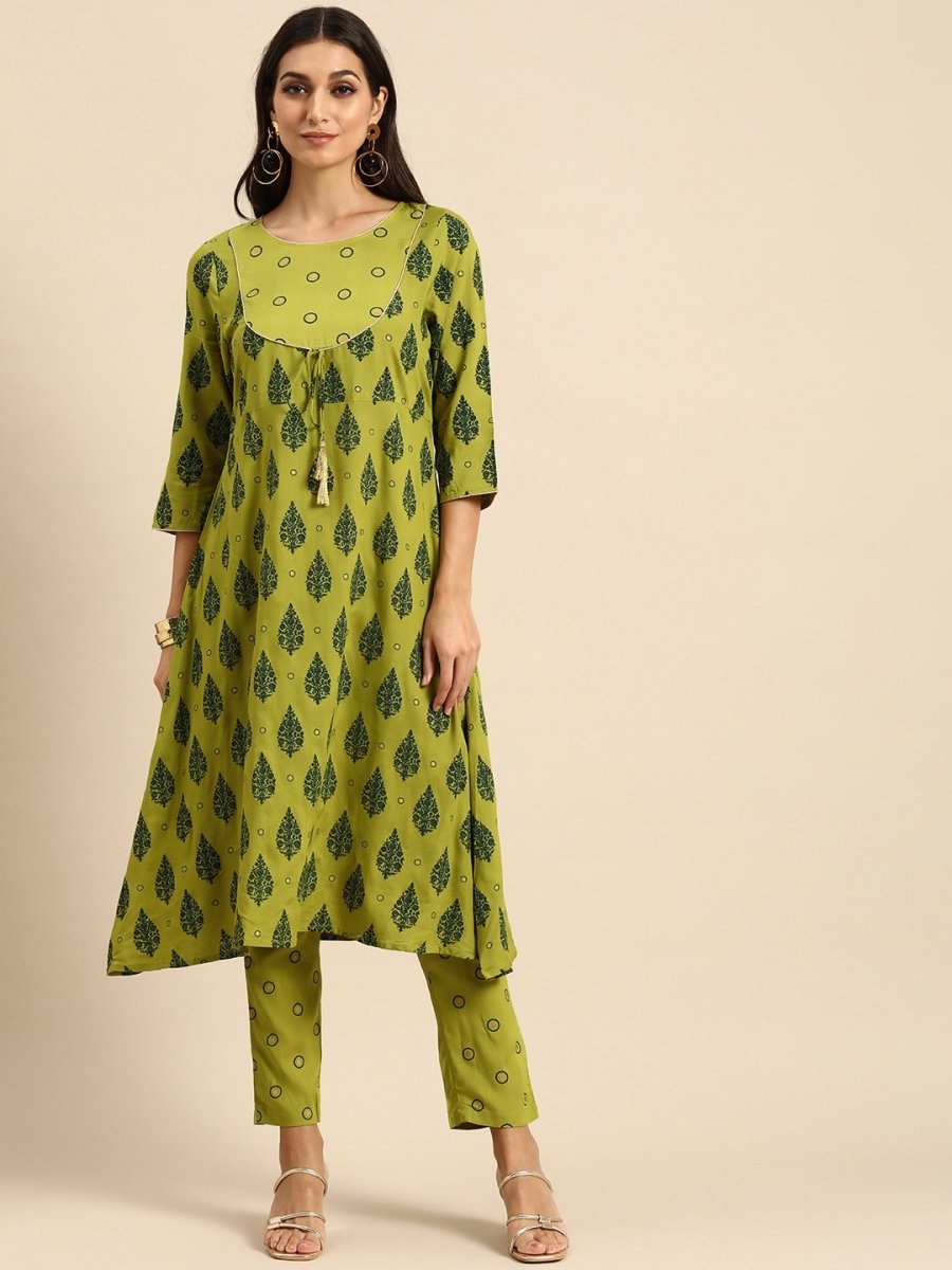 All About You Women Olive Green Ethnic Motifs Printed Empire Kurta with Trousers - Distacart