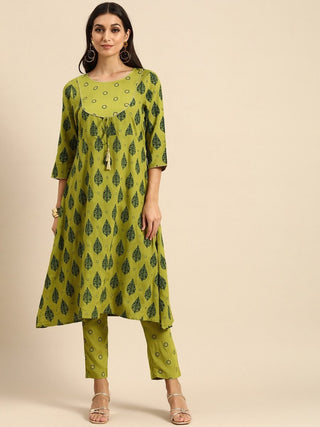 All About You Women Olive Green Ethnic Motifs Printed Empire Kurta with Trousers - Distacart