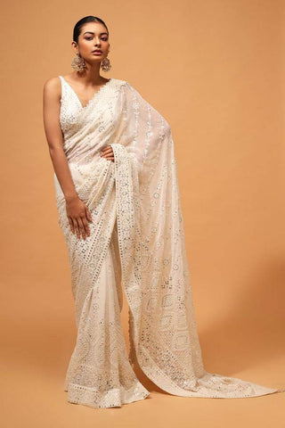 Teeya Creation White Color Georgette Embroidery Work Saree - Distacart