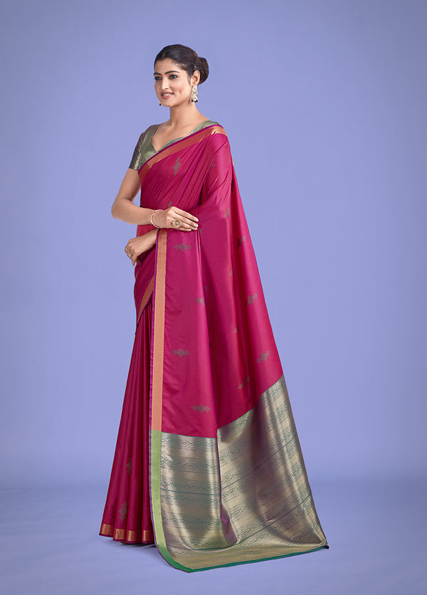 Monjolika Fashion Charming Rani Pink Color Silk Golden Zari Woven Ceremony Saree