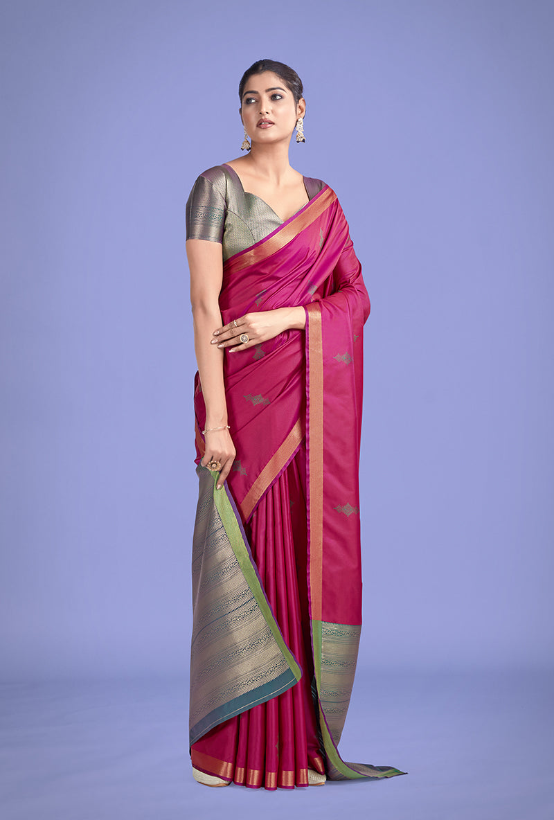 Monjolika Fashion Charming Rani Pink Color Silk Golden Zari Woven Ceremony Saree