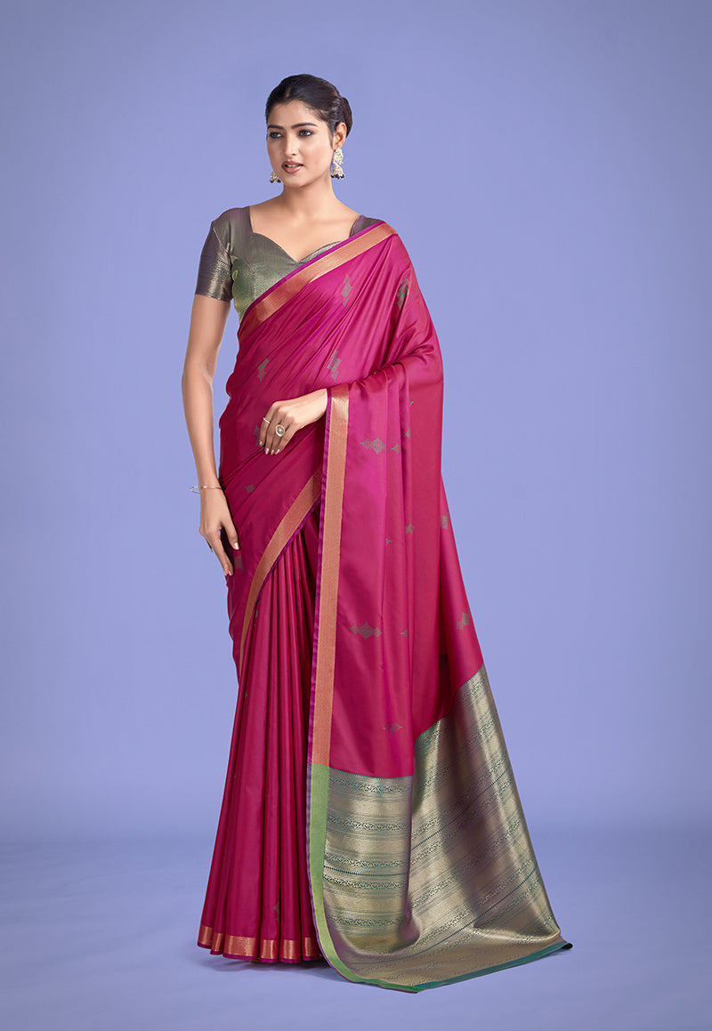 Monjolika Fashion Charming Rani Pink Color Silk Golden Zari Woven Ceremony Saree