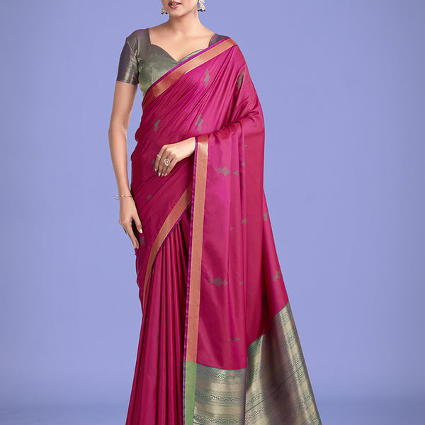 Monjolika Fashion Charming Rani Pink Color Silk Golden Zari Woven Ceremony Saree