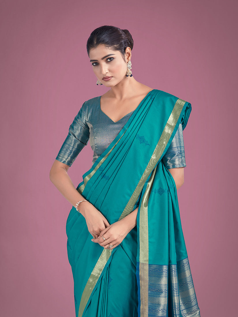 Monjolika Fashion Charming Turquoise Color Silk Golden Zari Woven Ceremony Saree