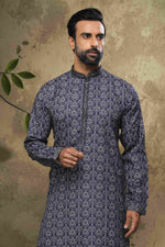 Thumbnail for Raivat Ethnic Cotton Digital Print Mirror Work Kurta Pajama In Blue Colour - Distacart