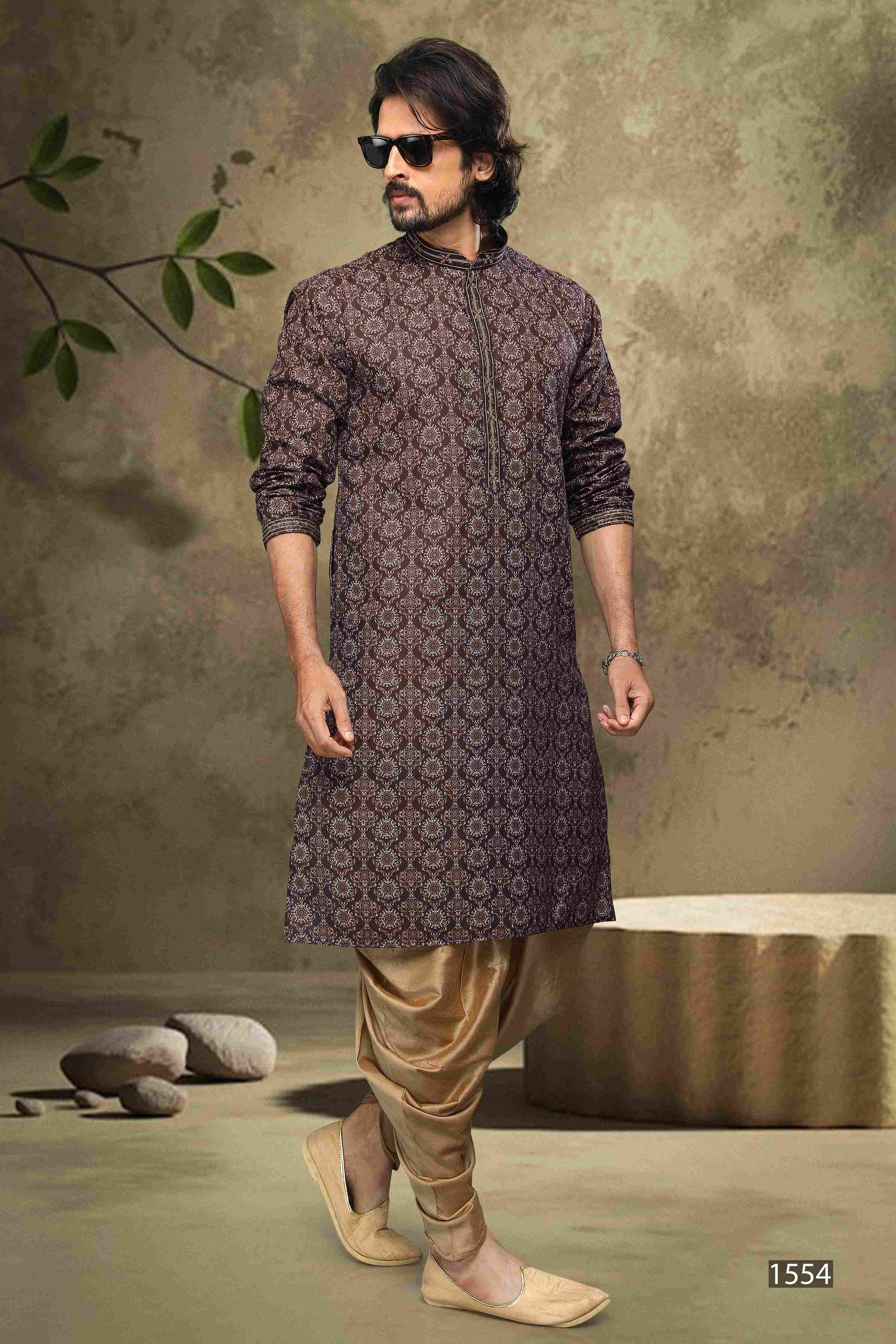 Raivat Ethnic Cotton Digital Print Mirror Work Kurta Pajama In Brown Colour