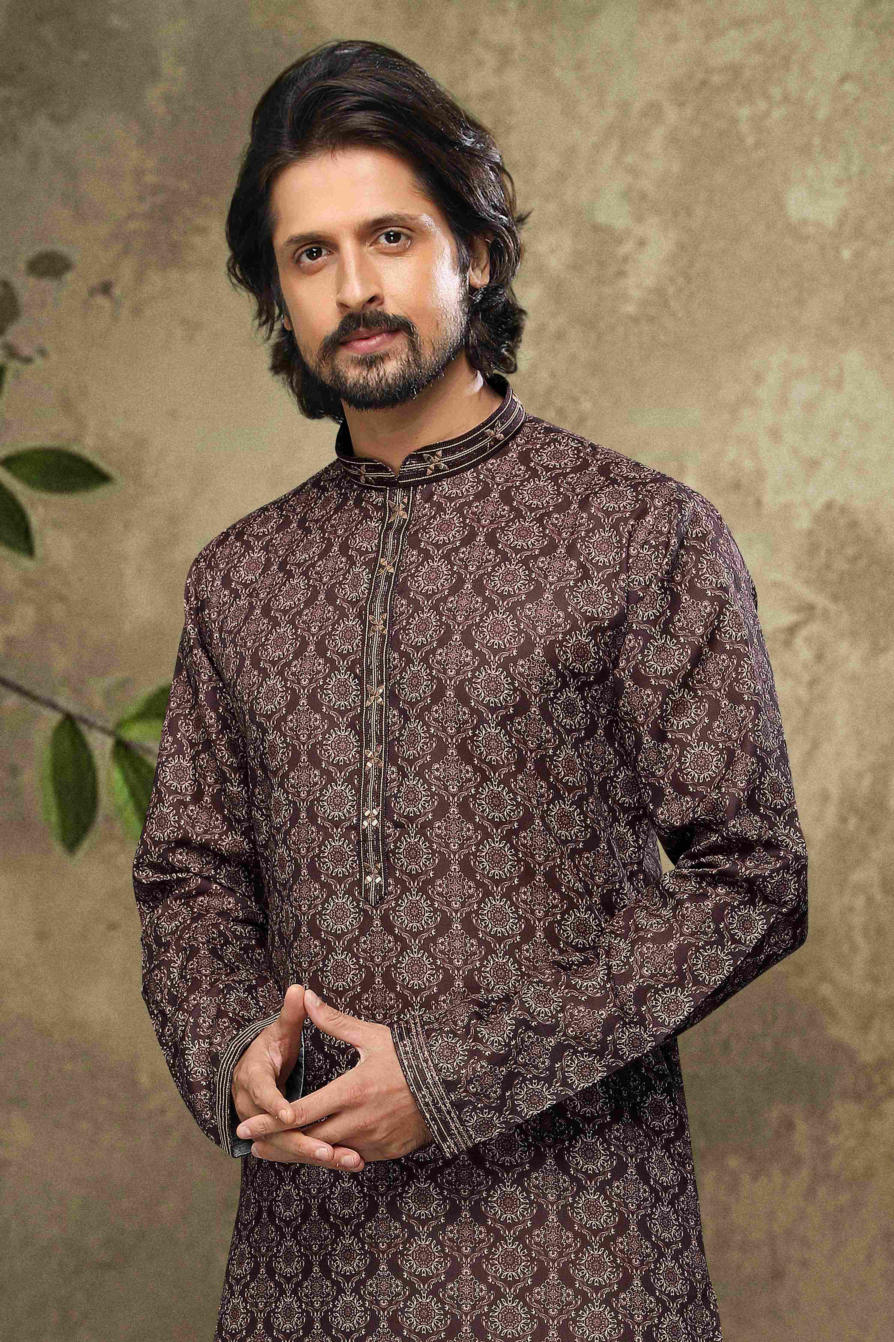 Raivat Ethnic Cotton Digital Print Mirror Work Kurta Pajama In Brown Colour - Distacart