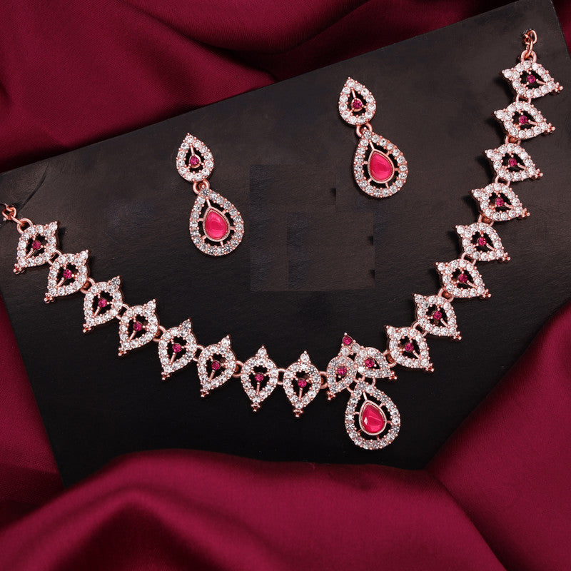 Tehzeeb Creations Pink Colour Ad Studded Necklace Jewellery Set With Matching Earrings For Women And Girls - Distacart