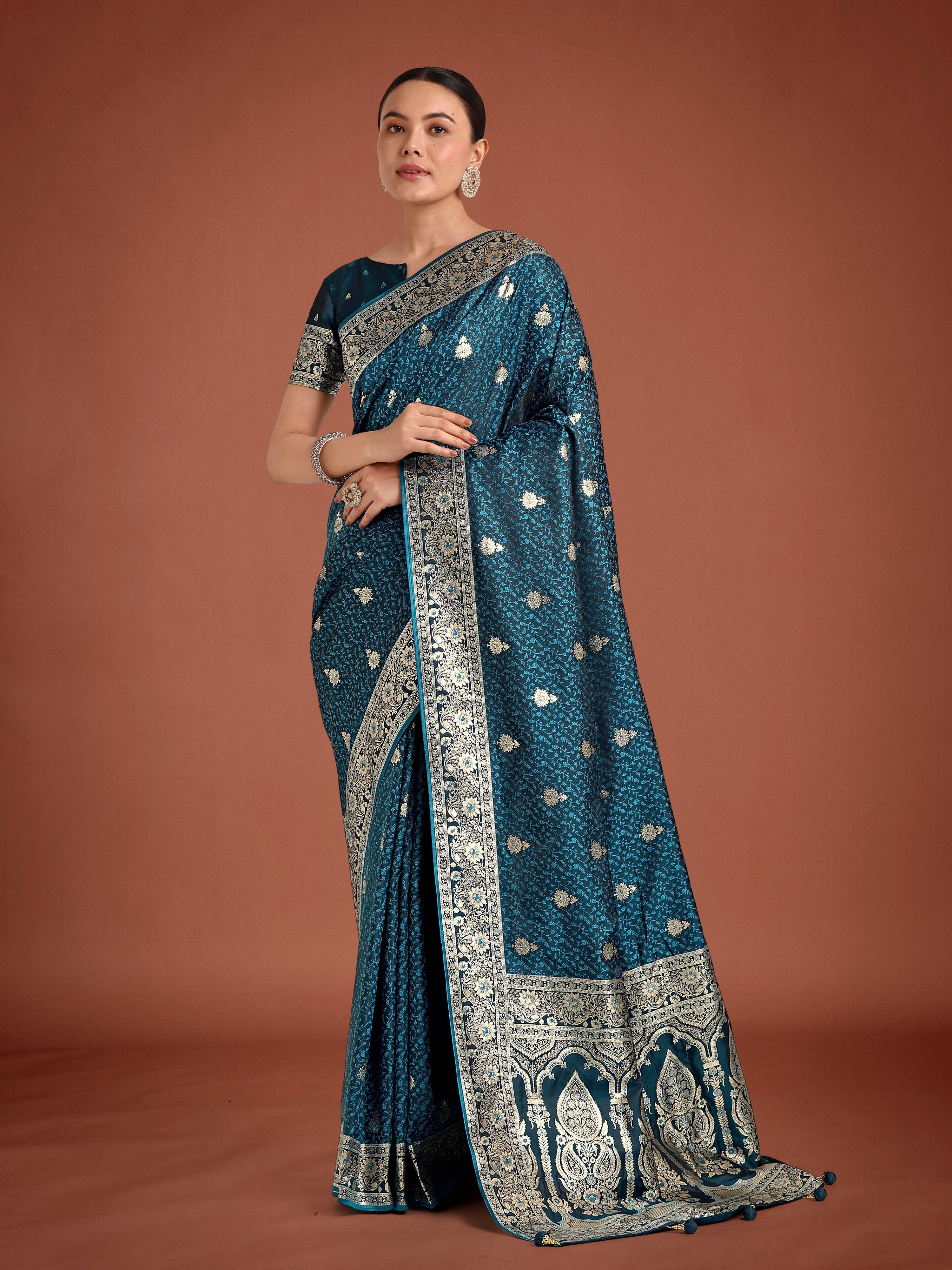 Monjolika Fashion Dark Teal Banarasi Satin Silk Saree with Intricate Zari Work with Rich Weaving Pattern