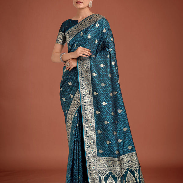 Monjolika Fashion Dark Teal Banarasi Satin Silk Saree with Intricate Zari Work with Rich Weaving Pattern - Distacart