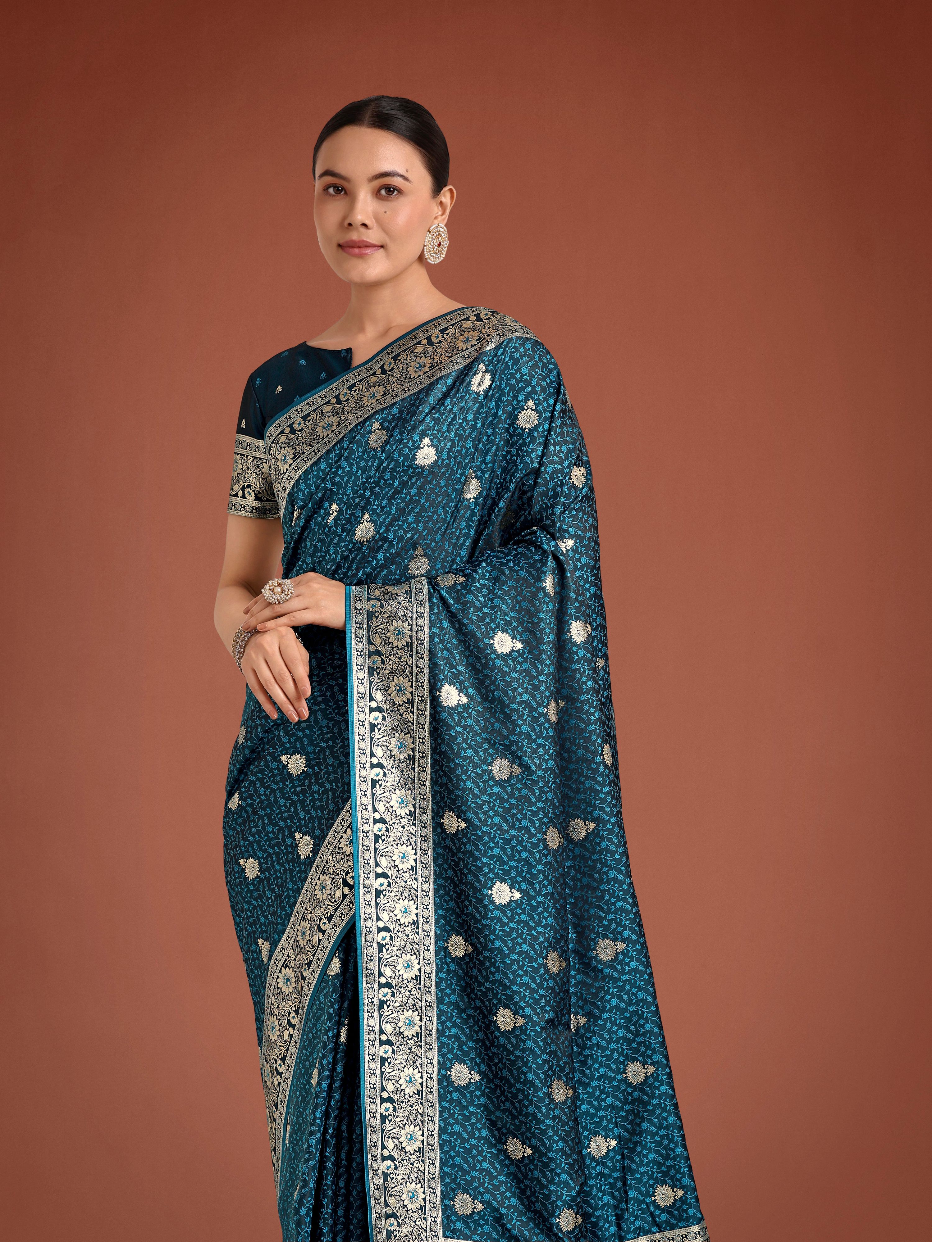Monjolika Fashion Dark Teal Banarasi Satin Silk Saree with Intricate Zari Work with Rich Weaving Pattern