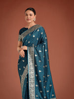 Thumbnail for Monjolika Fashion Dark Teal Banarasi Satin Silk Saree with Intricate Zari Work with Rich Weaving Pattern