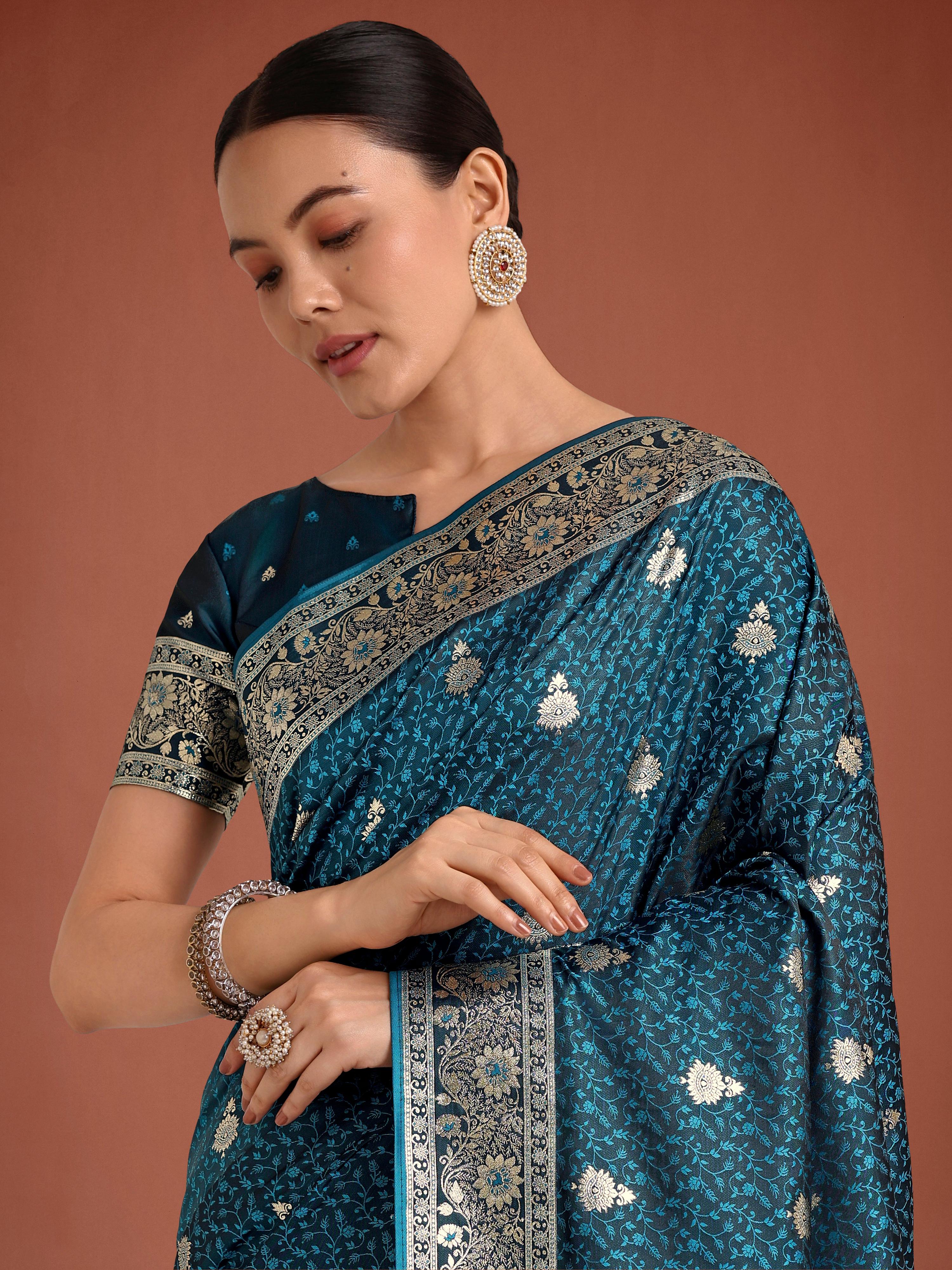 Monjolika Fashion Dark Teal Banarasi Satin Silk Saree with Intricate Zari Work with Rich Weaving Pattern