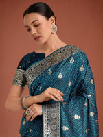 Thumbnail for Monjolika Fashion Dark Teal Banarasi Satin Silk Saree with Intricate Zari Work with Rich Weaving Pattern