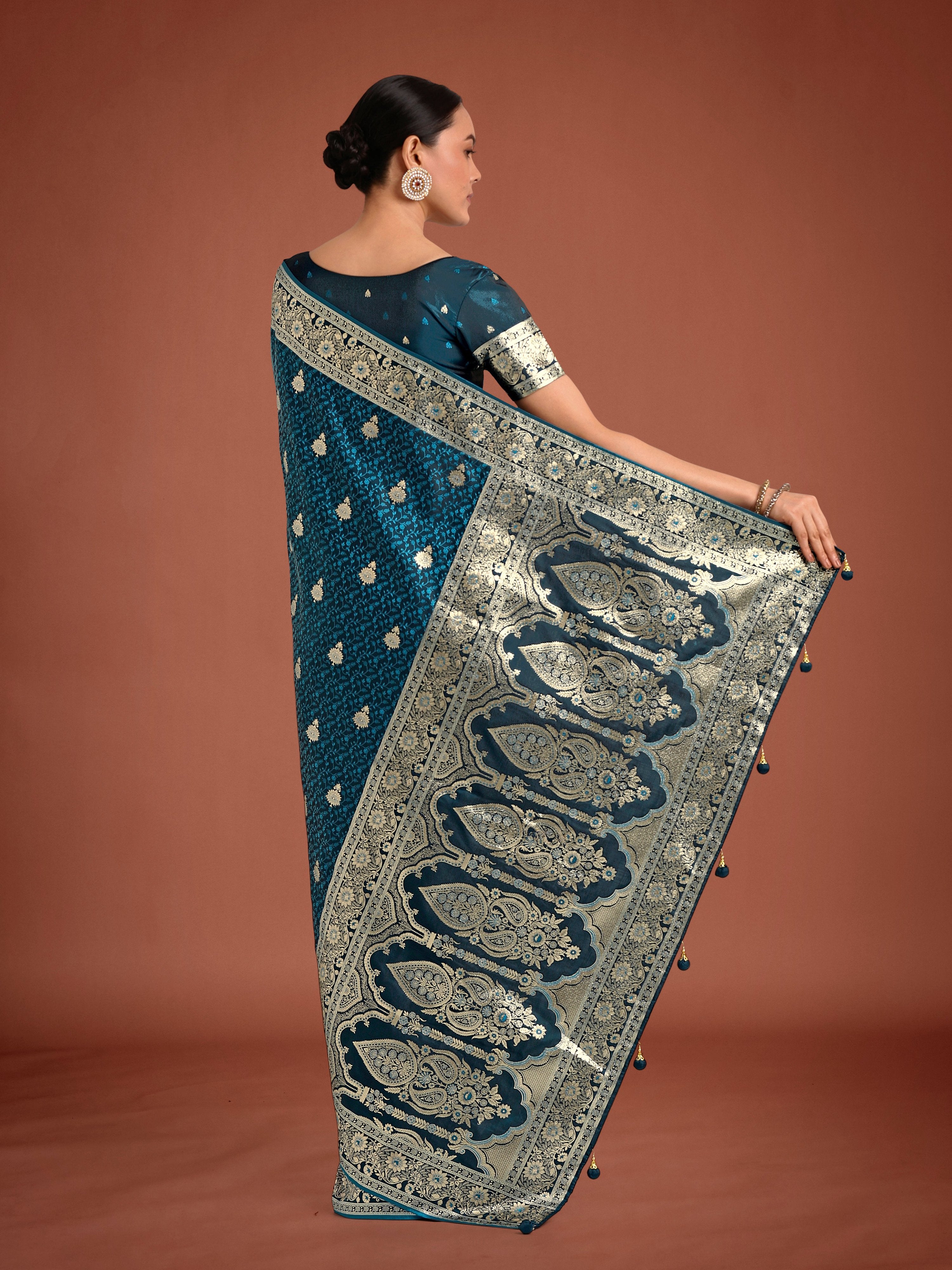 Monjolika Fashion Dark Teal Banarasi Satin Silk Saree with Intricate Zari Work with Rich Weaving Pattern
