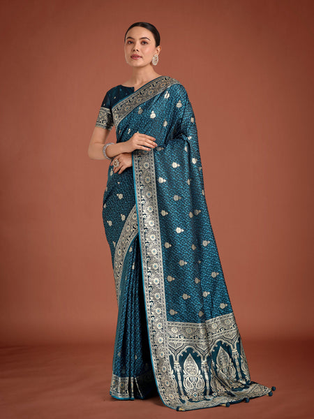 Monjolika Fashion Dark Teal Banarasi Satin Silk Saree with Intricate Zari Work with Rich Weaving Pattern