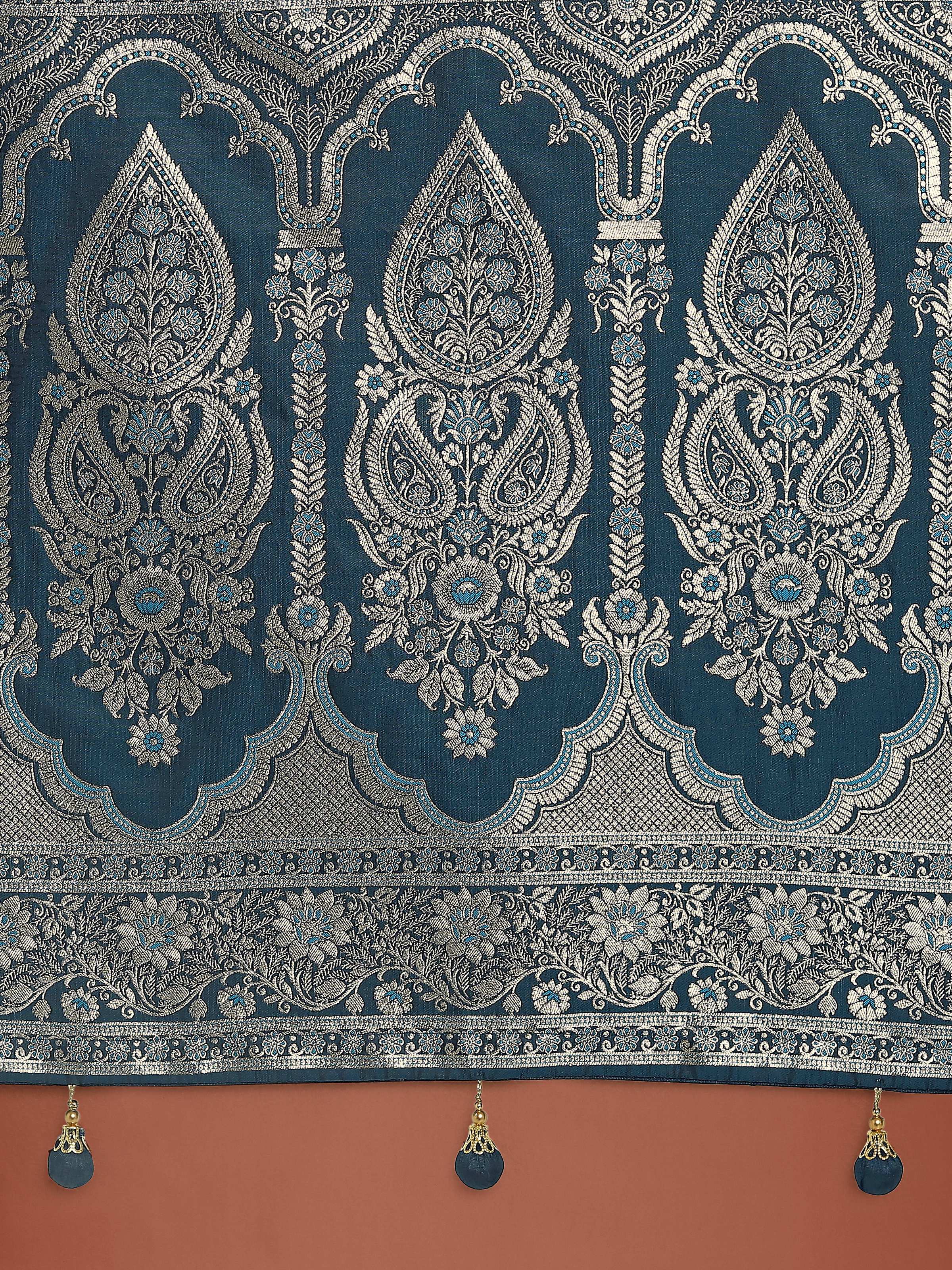 Monjolika Fashion Dark Teal Banarasi Satin Silk Saree with Intricate Zari Work with Rich Weaving Pattern