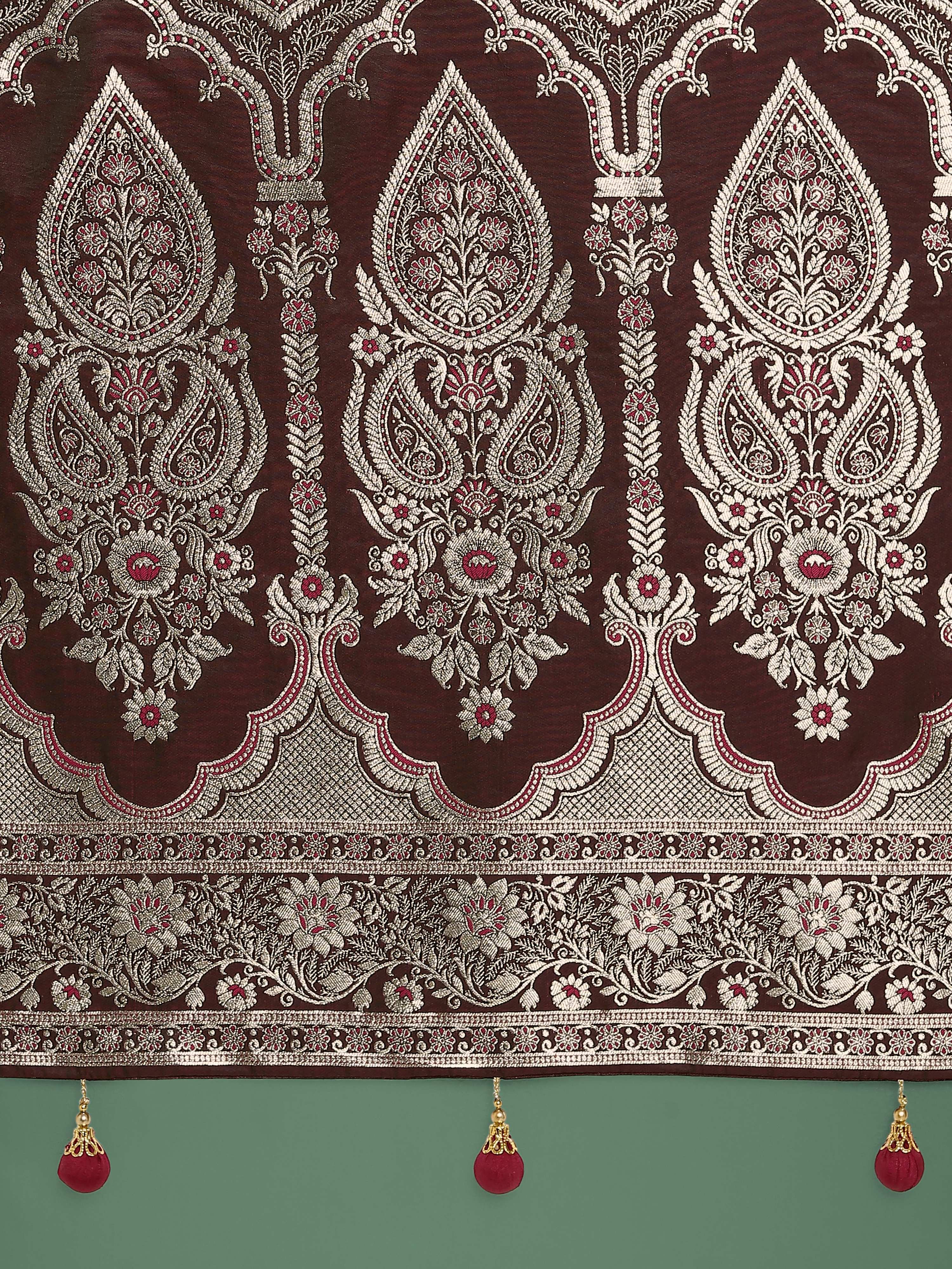Monjolika Fashion Maroon Banarasi Satin Silk Saree with Intricate Zari Work with Rich Weaving Pattern
