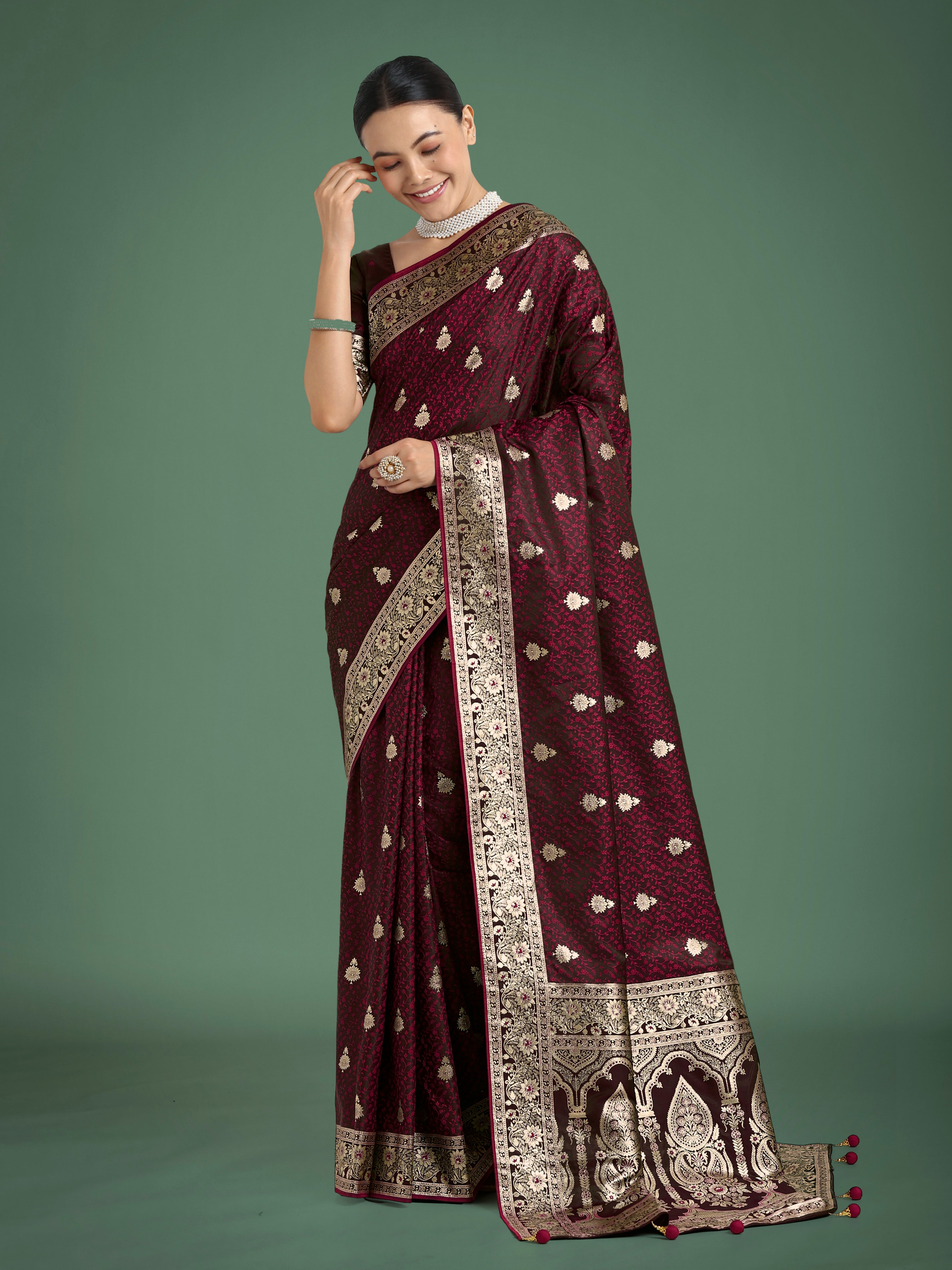 Monjolika Fashion Maroon Banarasi Satin Silk Saree with Intricate Zari Work with Rich Weaving Pattern